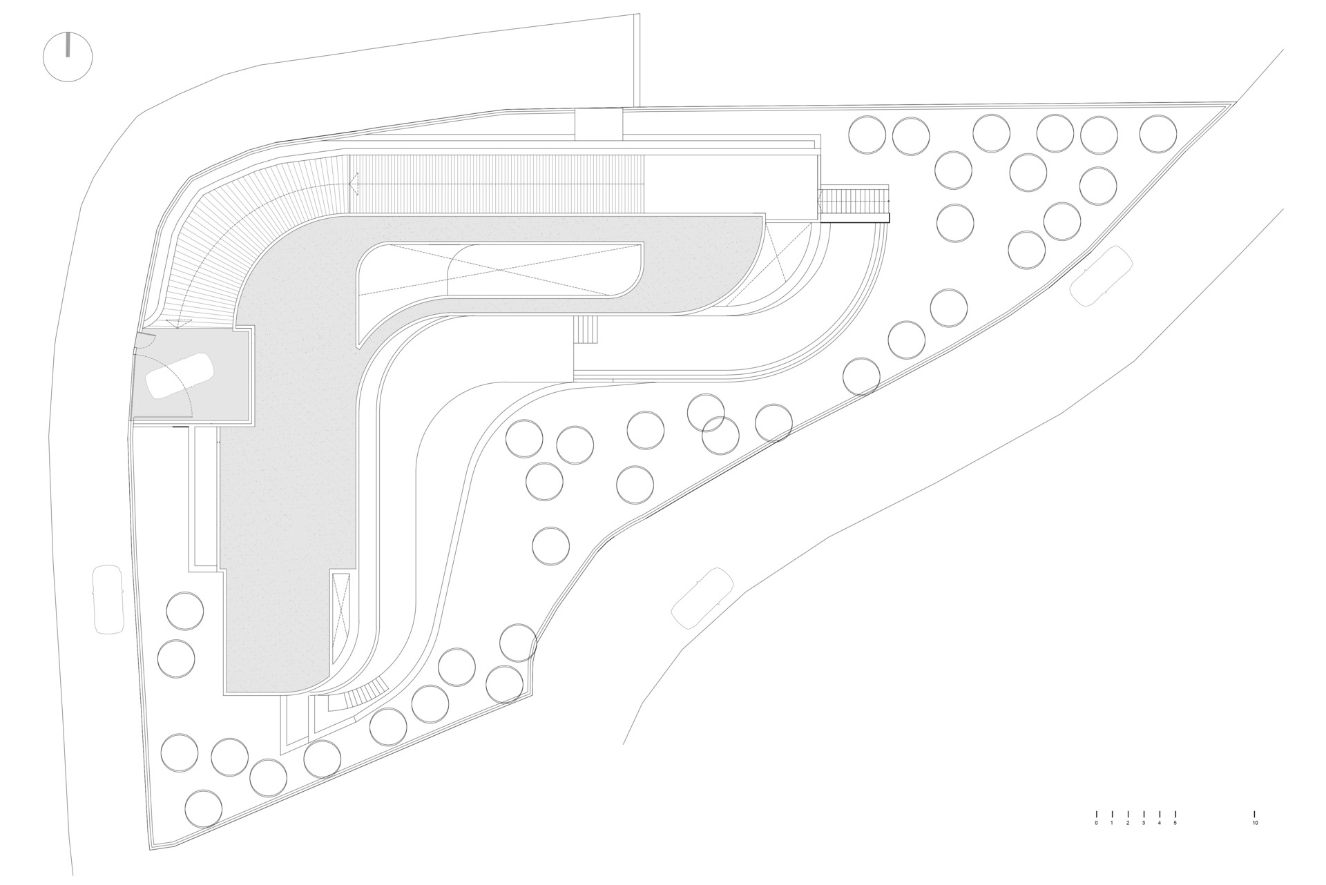 Dibujo arquitectónico de una casa moderna en la ladera de una colina.