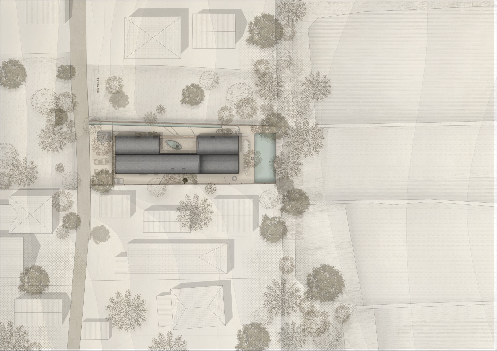 Architectural drawings reveal a courtyard-centred layout anchored by a linear water spine, showing how arches and transitional spaces organise the entire home.