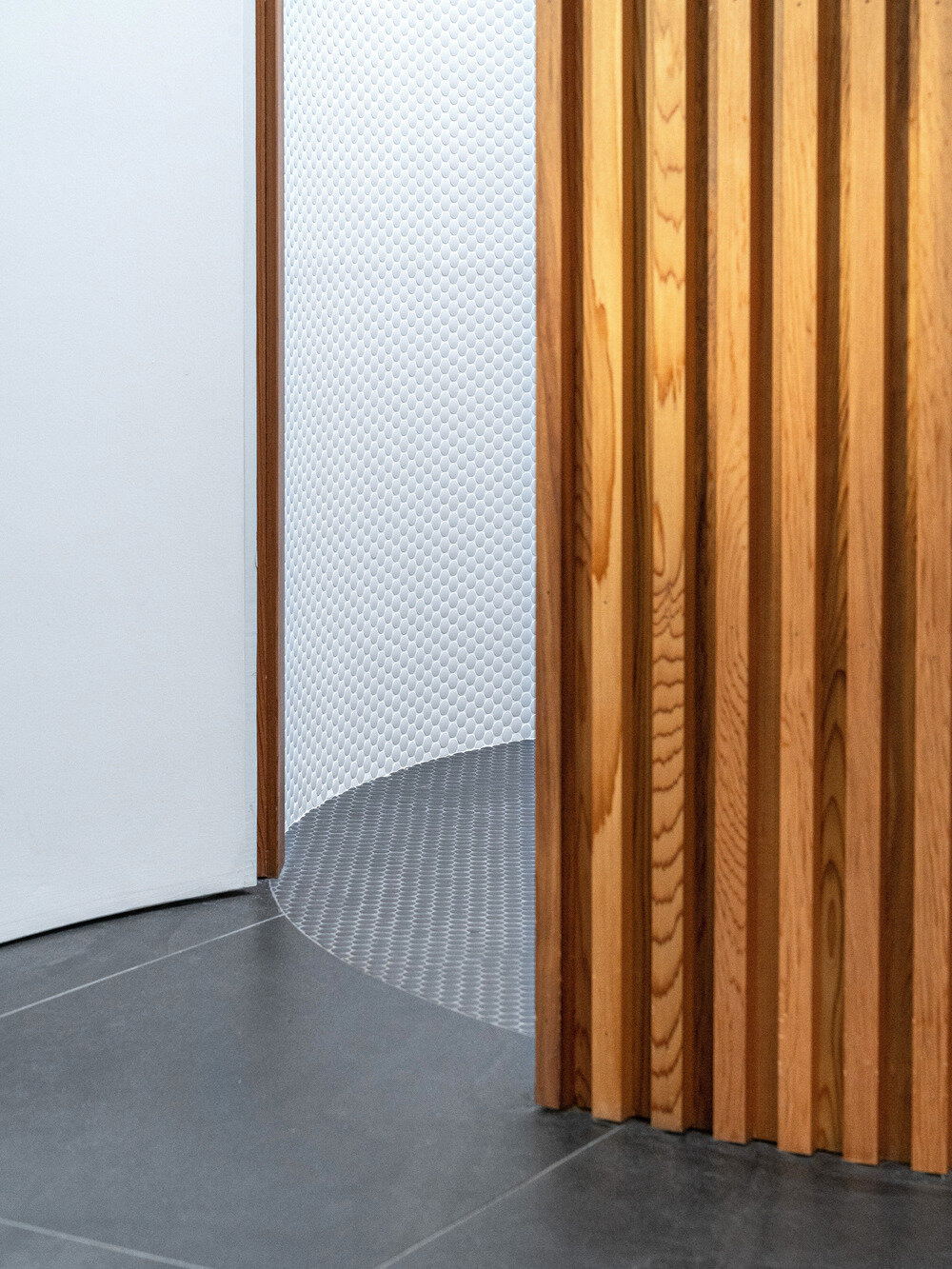 Inside the bathroom, white penny tiles, a circular skylight, and a curved vanity echo the rounded architecture, while grey tiles connect the space to the rest of the pavilion.