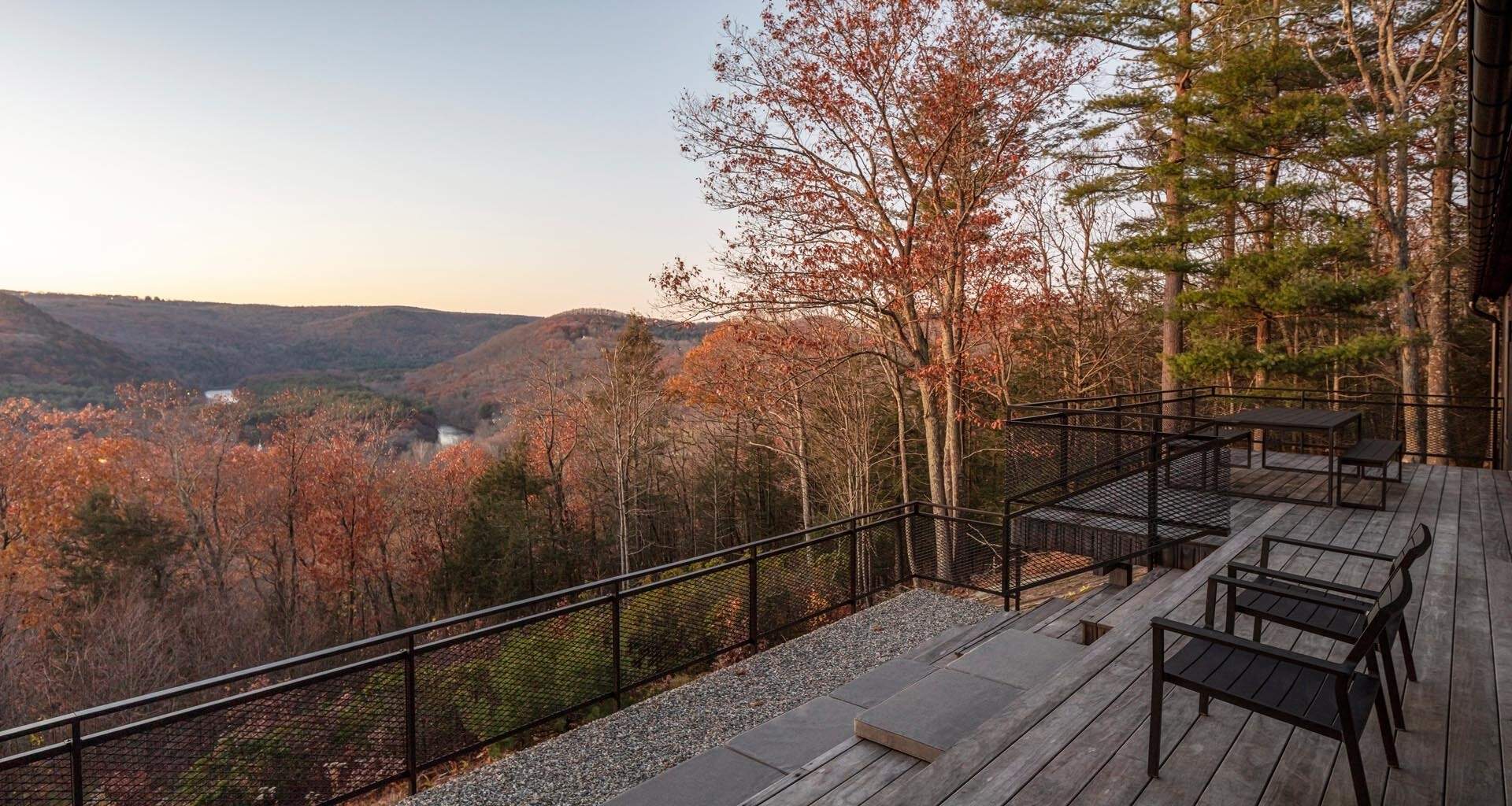 A spacious multi level deck extending from the great room, offering uninterrupted views of the forest and Connecticut Valley landscape.
