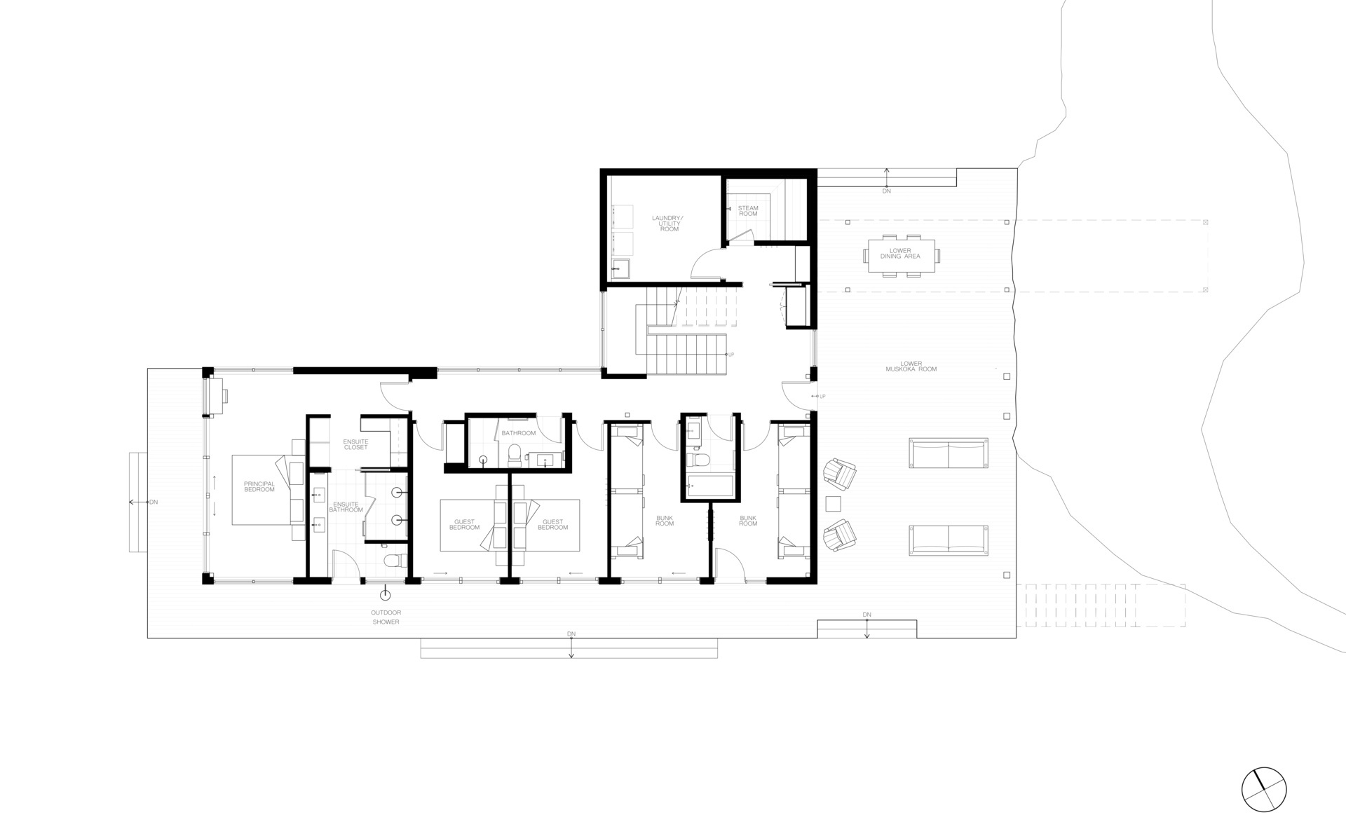 Long Lake Cottage brings together elevated living spaces, grounded materials, and a layout shaped by both landscape and lifestyle. By placing shared areas above and private rooms below, the design opens the home to views while keeping a strong connection to the forest floor.