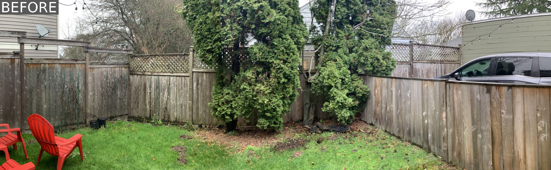 BEFORE RENOVATION - A compact backyard transforms into a layered outdoor retreat with a firepit, built-in seating, and a playful corner window connection.