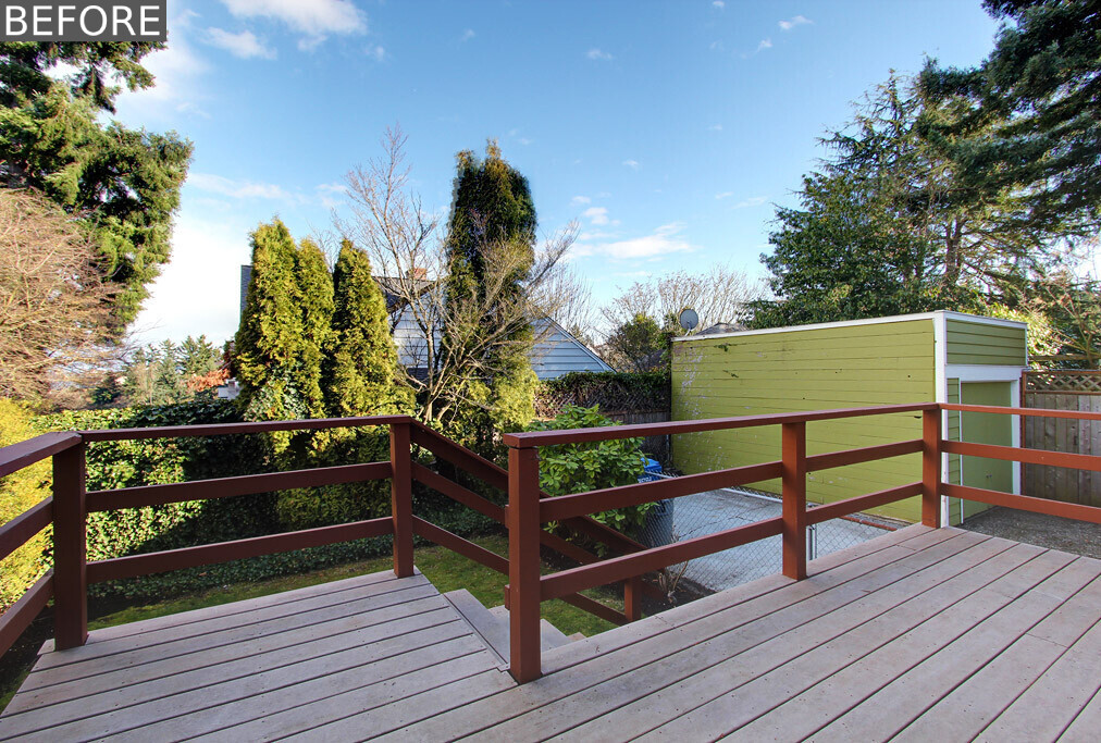 BEFORE RENOVATION - A compact backyard transforms into a layered outdoor retreat with a firepit, built-in seating, and a playful corner window connection.