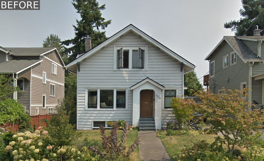 BEFORE RENOVATION - Classic white siding and black trim refresh this 1930s Craftsman facade while keeping its timeless street presence intact.