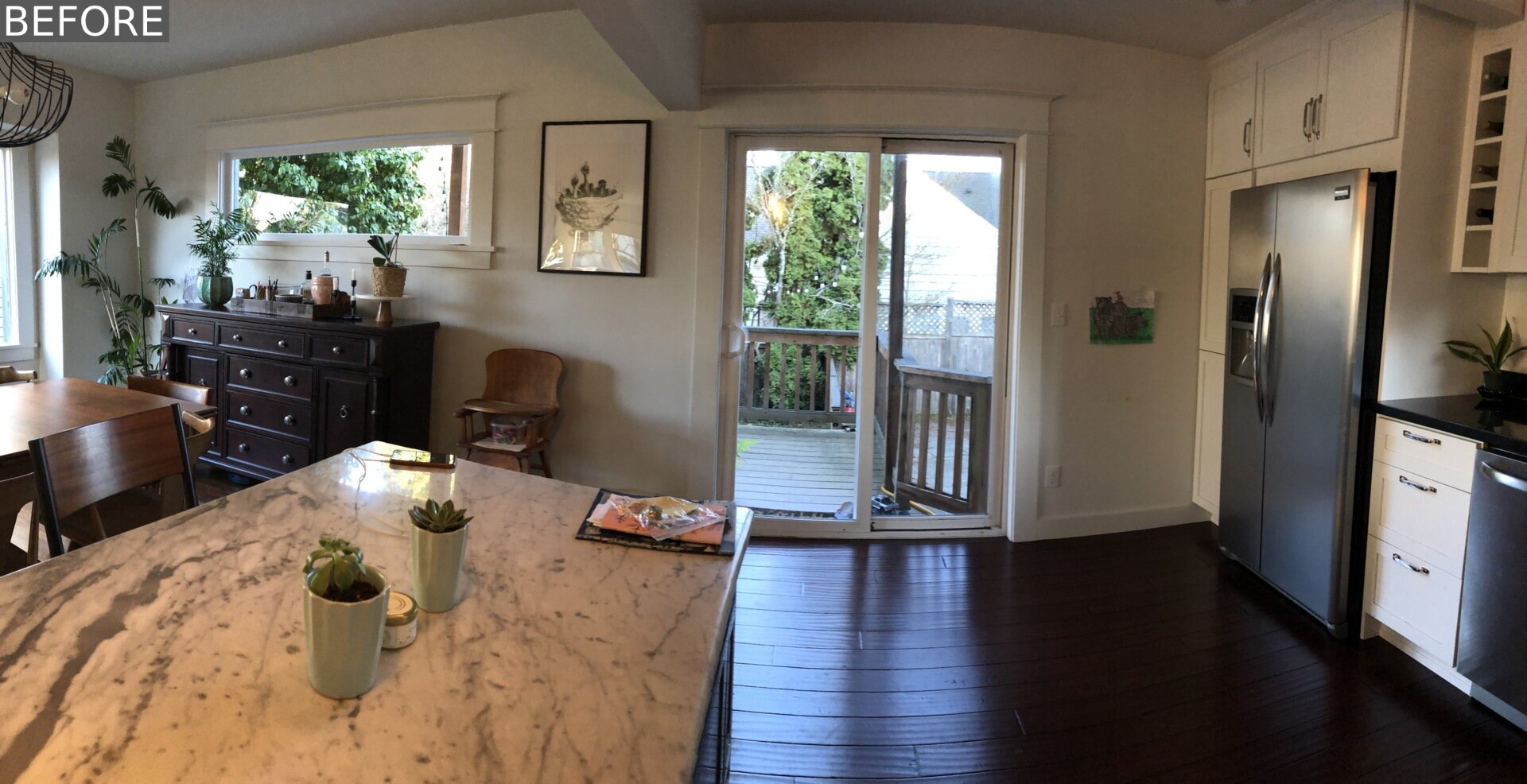 BEFORE RENOVATION - An elevated kitchen and dining space is reimagined for better flow, now connecting seamlessly to the rest of the home and outdoors.