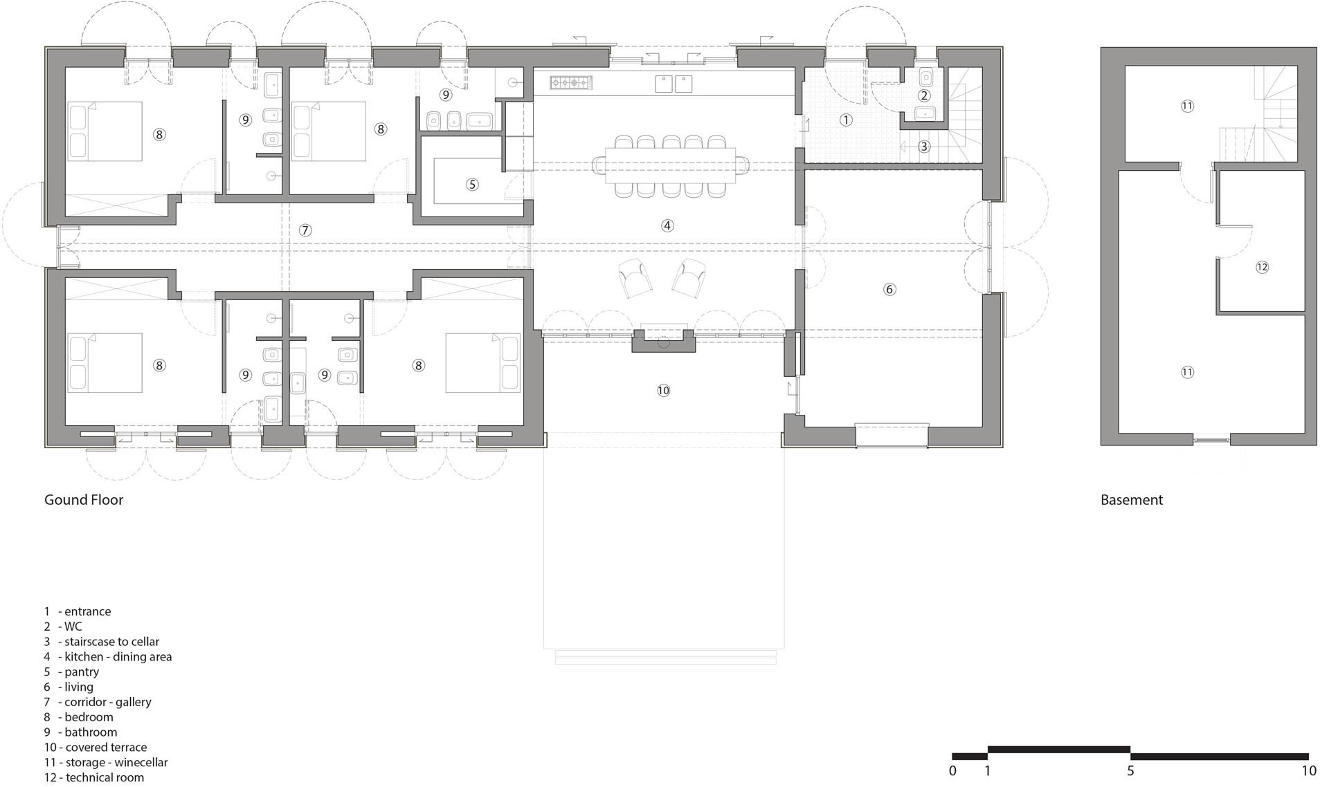 A linear floor plan links private bedrooms to open social spaces, guiding movement and sightlines through the home.
