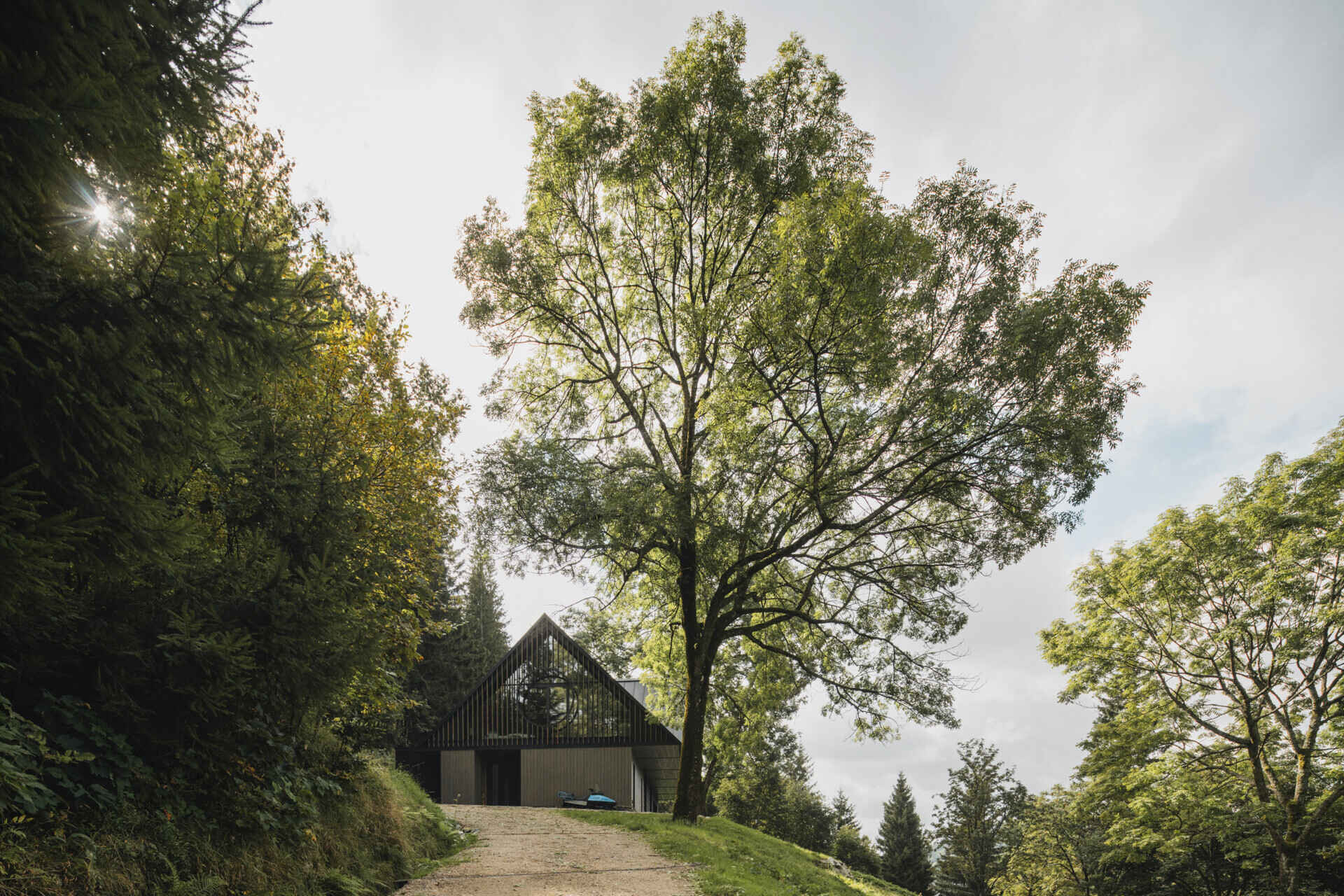 Traditional mountain cottage with steep roofs, stone bases, and timber gables blending authentic design with modern simplicity.