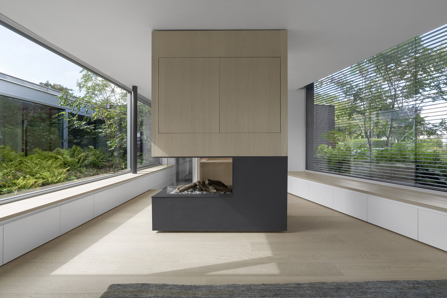 Una chimenea transparente conecta la sala de estar y la oficina en casa, aportando calidez y continuidad visual a ambos espacios.