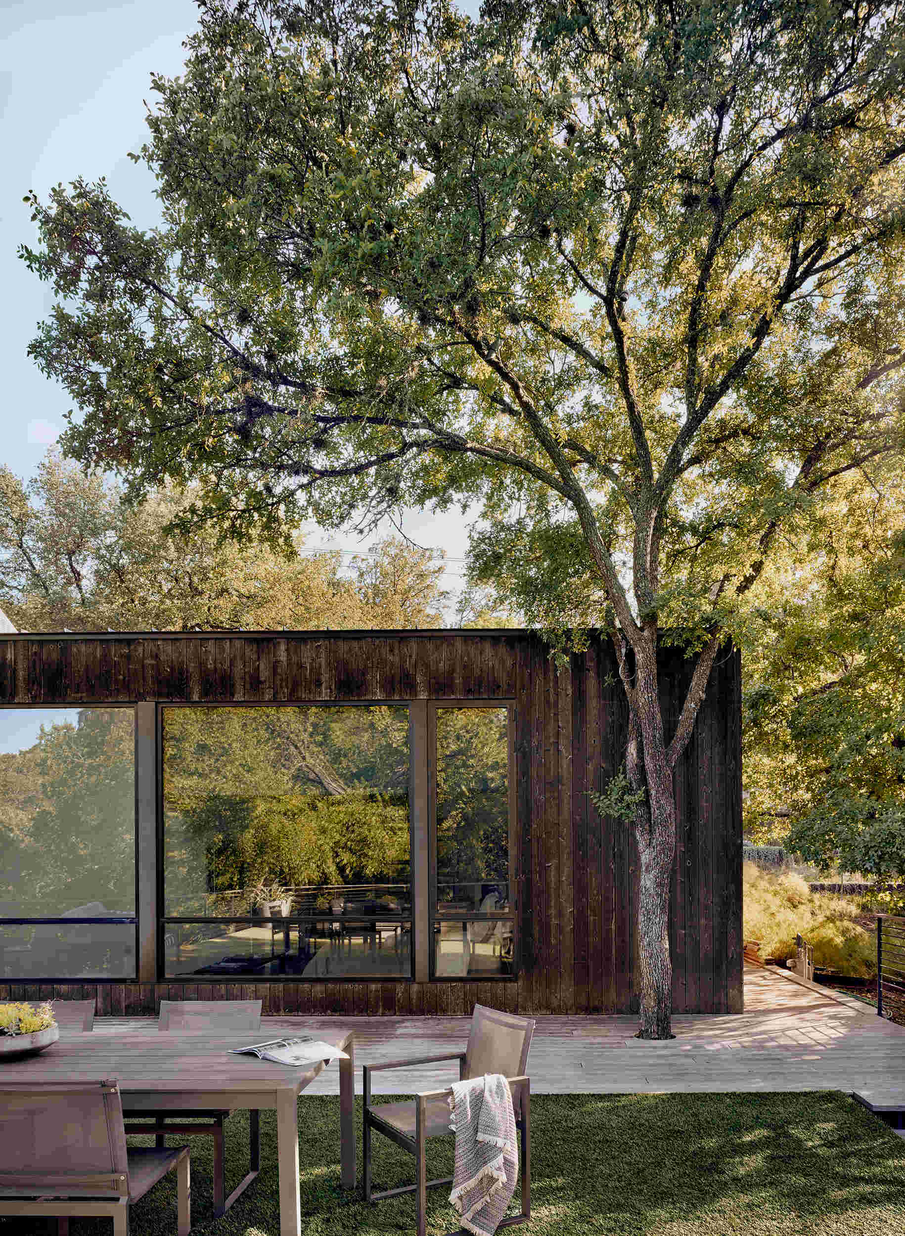 El techo verde se extiende hasta la terraza que rodea la casa, brindando vistas elevadas y fácil acceso a toda la casa.