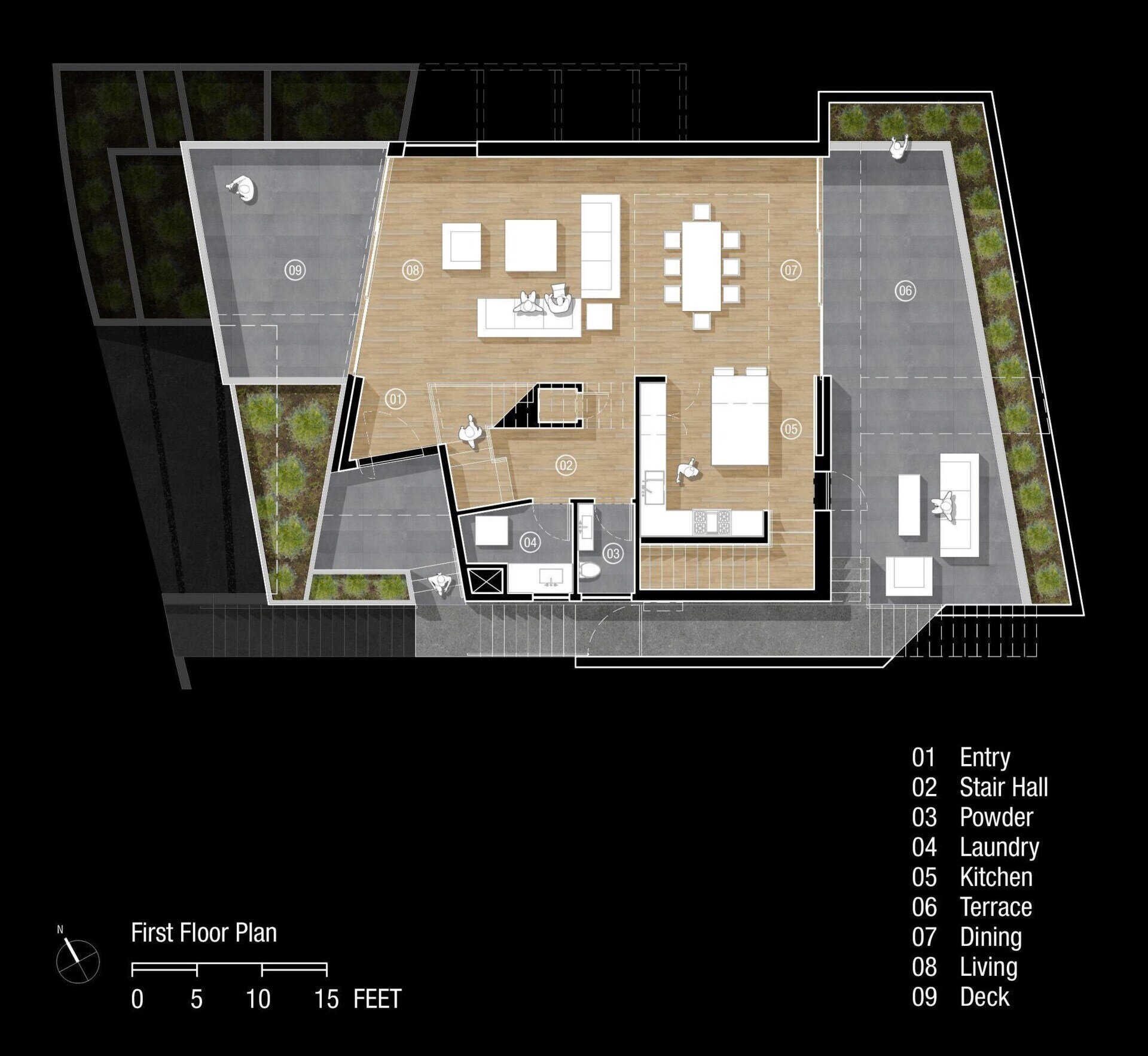 Architectural drawings of a modern home on a steep Los Angeles hillside.