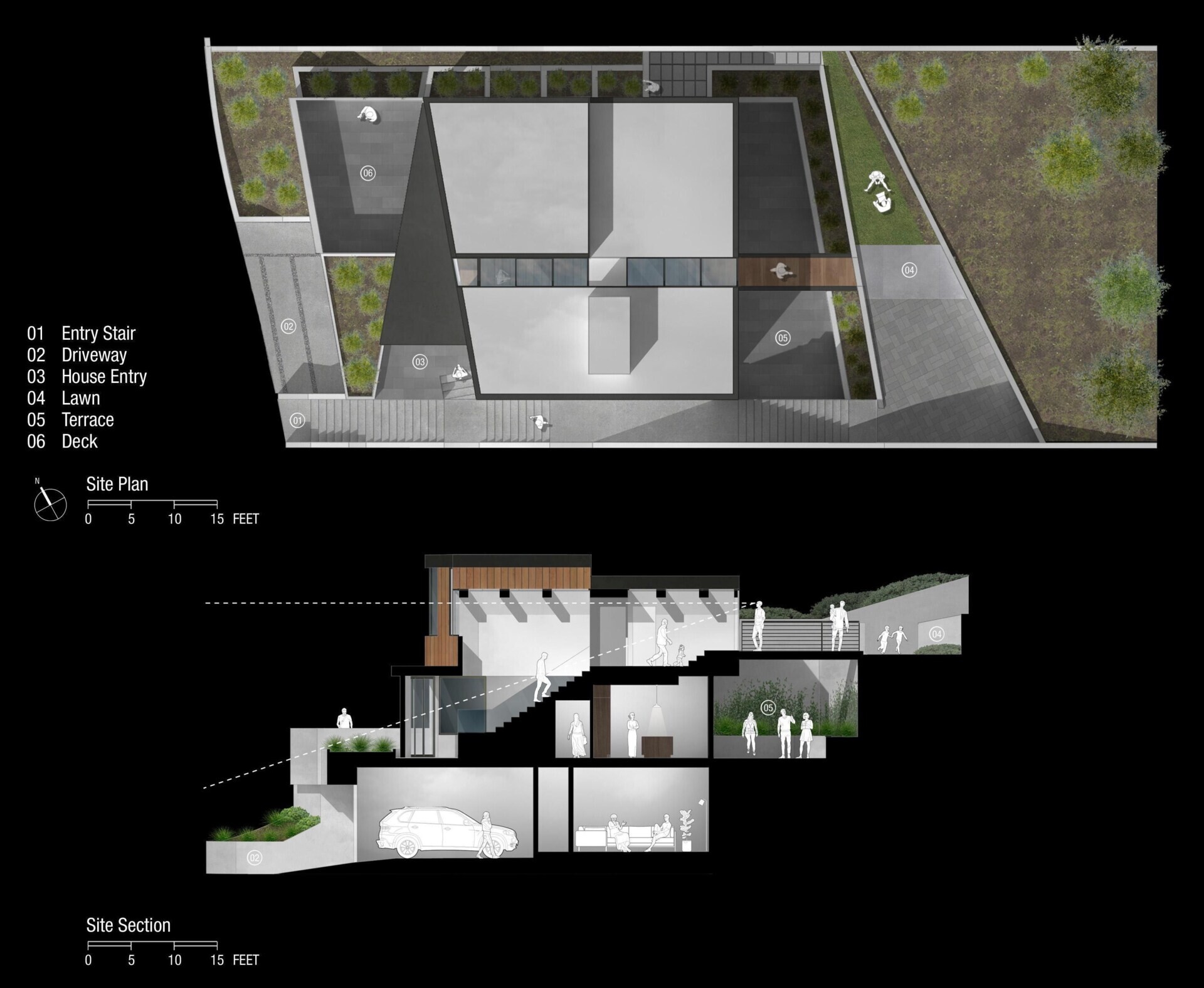Architectural drawings of a modern home on a steep Los Angeles hillside.