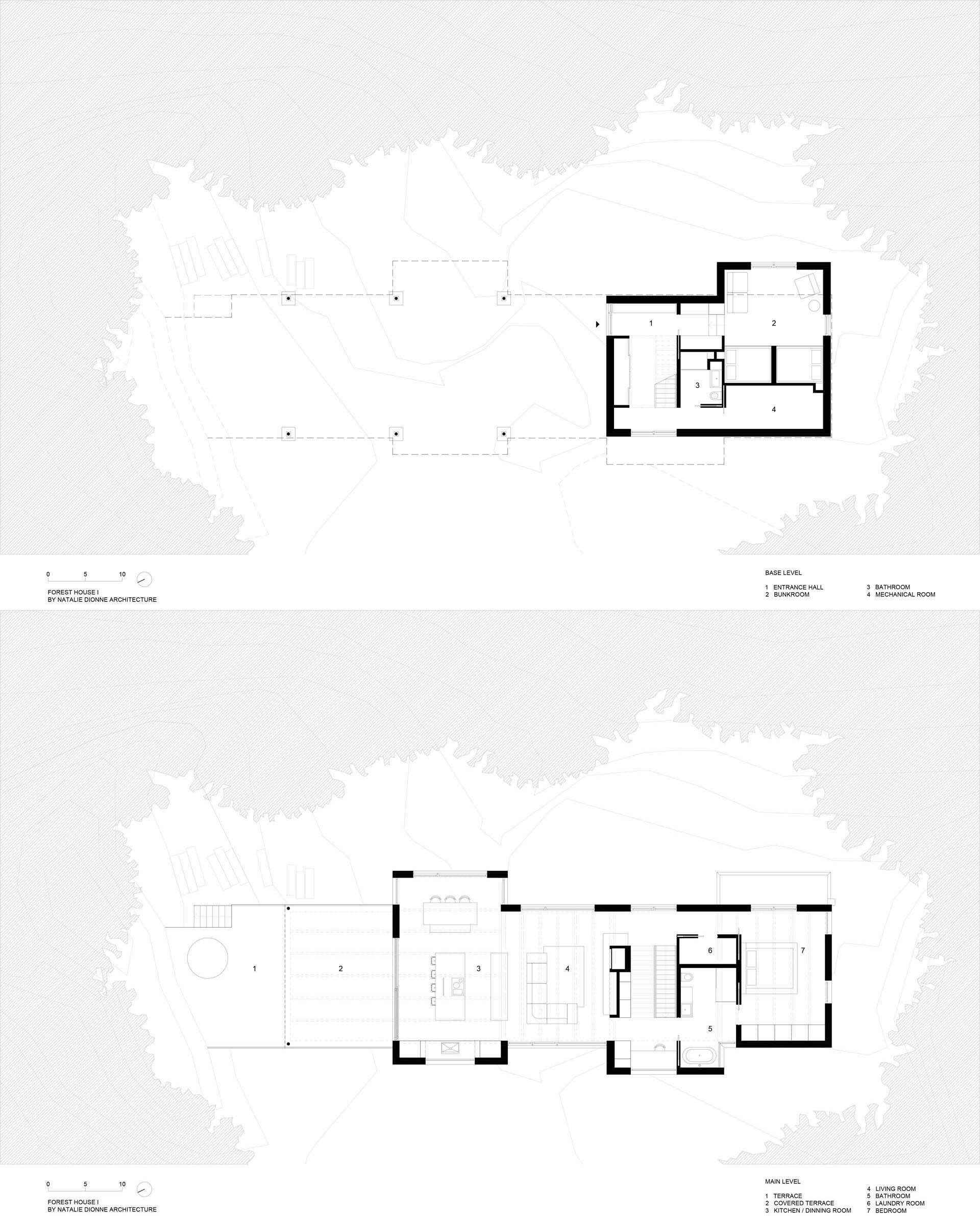 El plano de planta de esta casa forestal contemporánea presenta un diseño claro de dos pisos con espacios para invitados debajo y áreas de estar luminosas de planta abierta elevadas entre los árboles arriba.