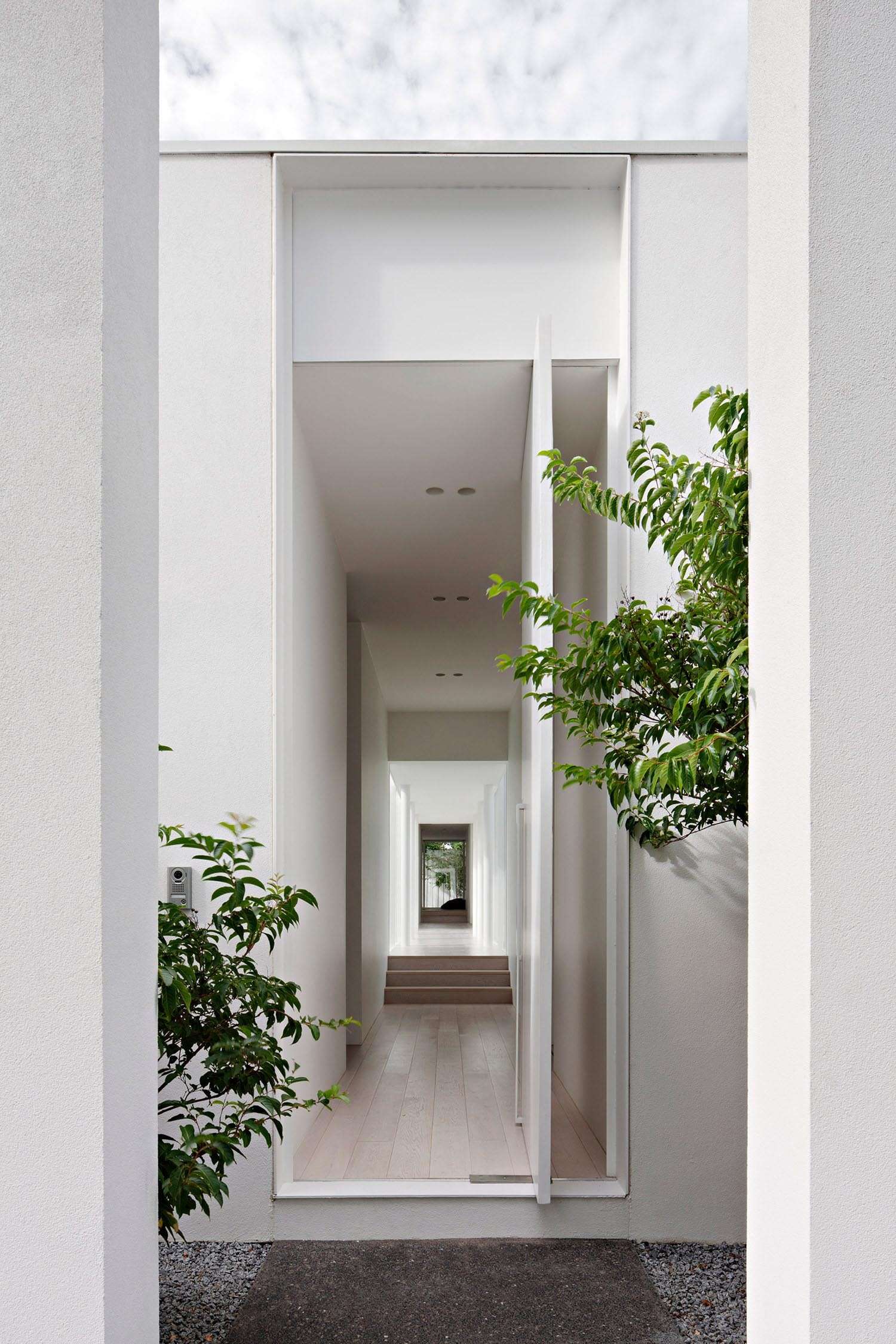 This long window lined hallway guides you through an interior garden and pool before reaching the living space, turning arrival into an experience rather than a doorway.