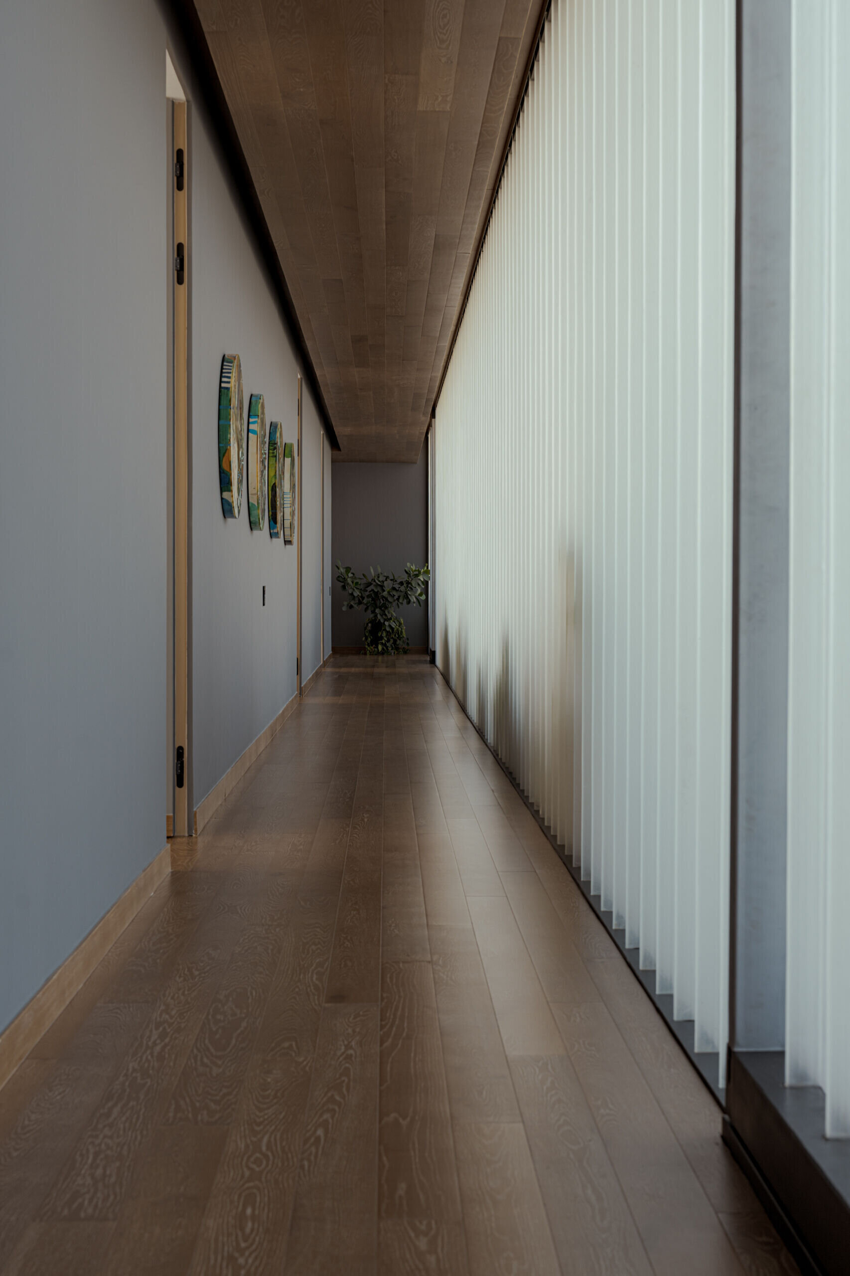 A modern hallway with wood floors and a light interior.