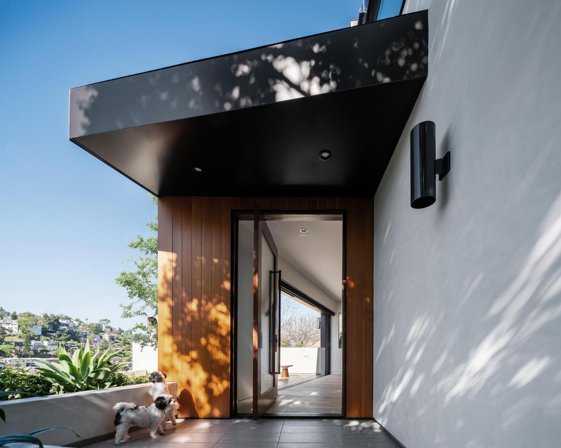 Warm wood siding, that matches the exterior, defines the entrance, adding a welcoming touch against the smooth, light exterior walls. Above, a simple overhang creates shelter and a pivoting door draws your eye inward toward the interior space and the views ahead.