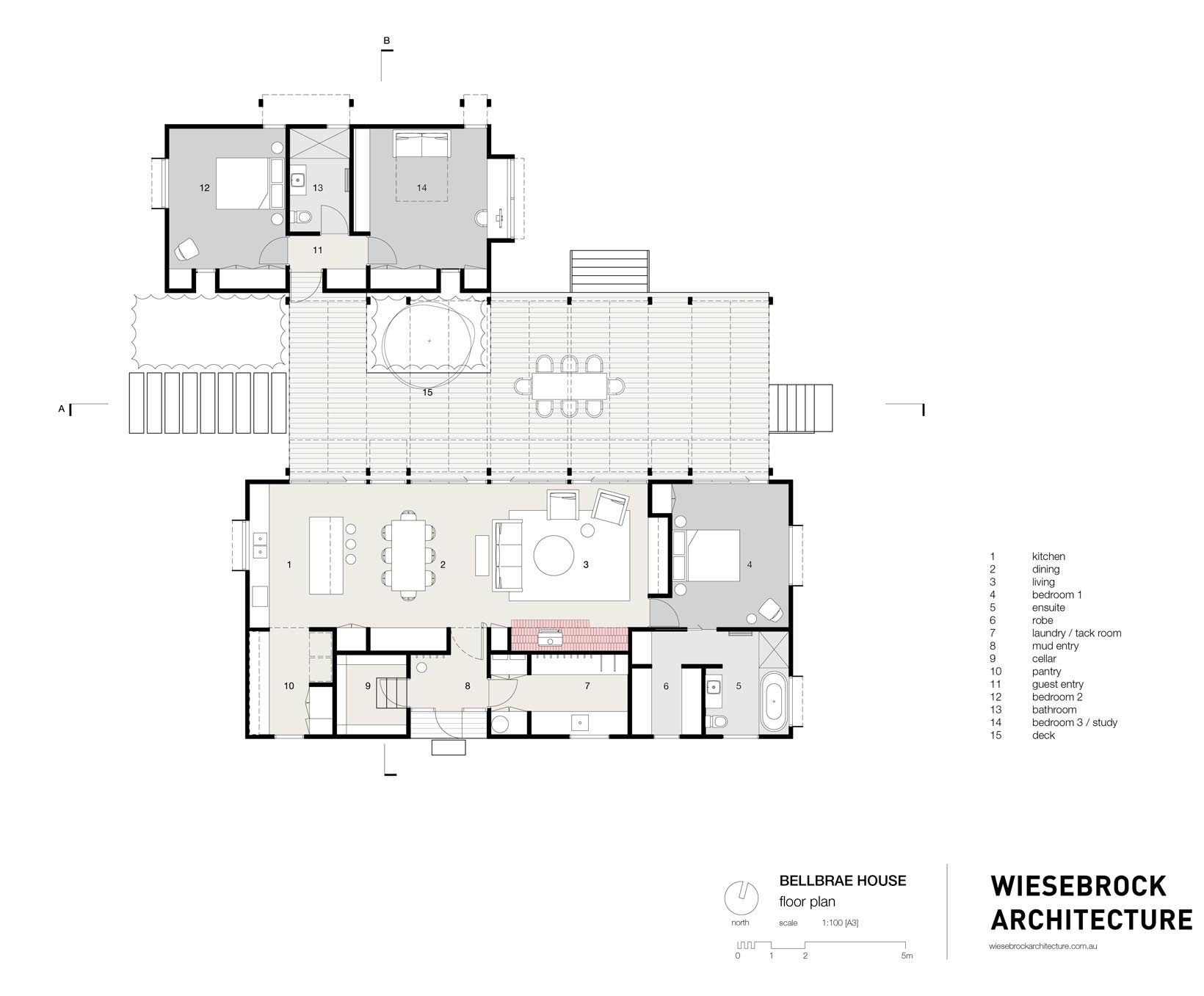 The floor plan reveals two pavilions connected by a central deck, creating a flexible layout that adapts to both quiet living and family gatherings.