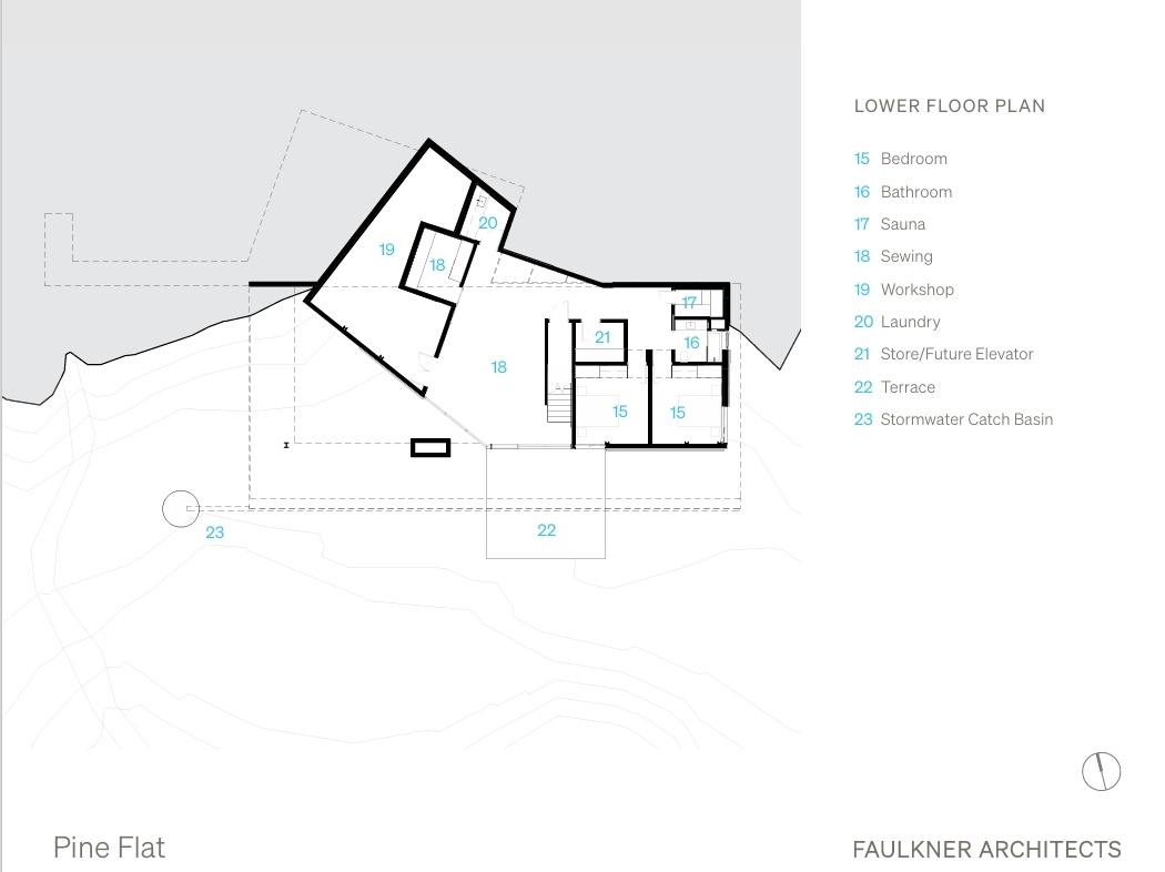From the reused foundation to the entry ramp and light well, the design reflects a careful response to the land and what came before.