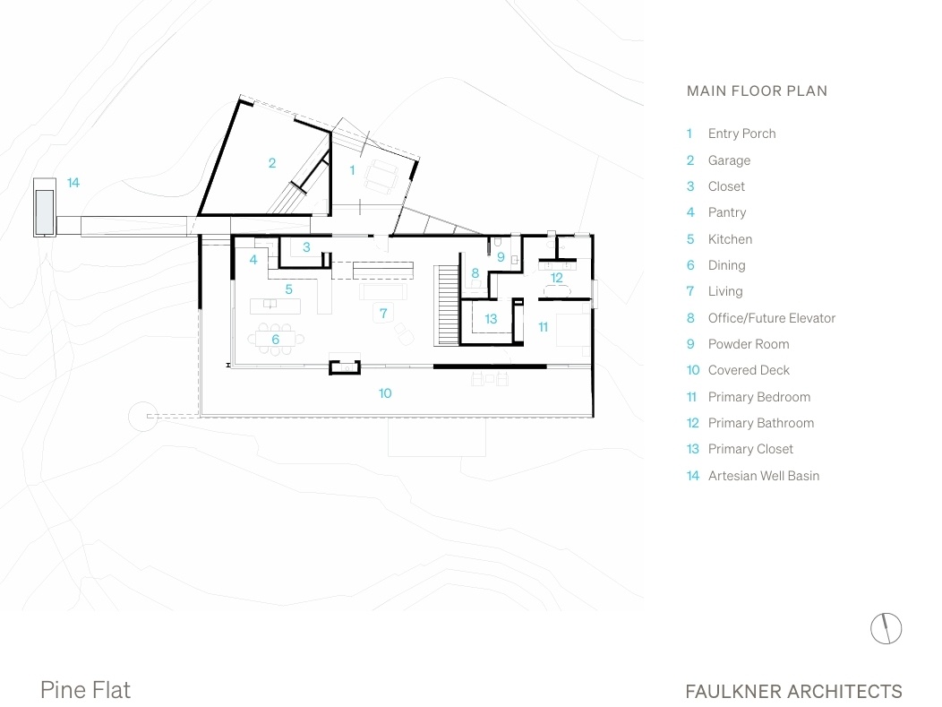 From the reused foundation to the entry ramp and light well, the design reflects a careful response to the land and what came before.