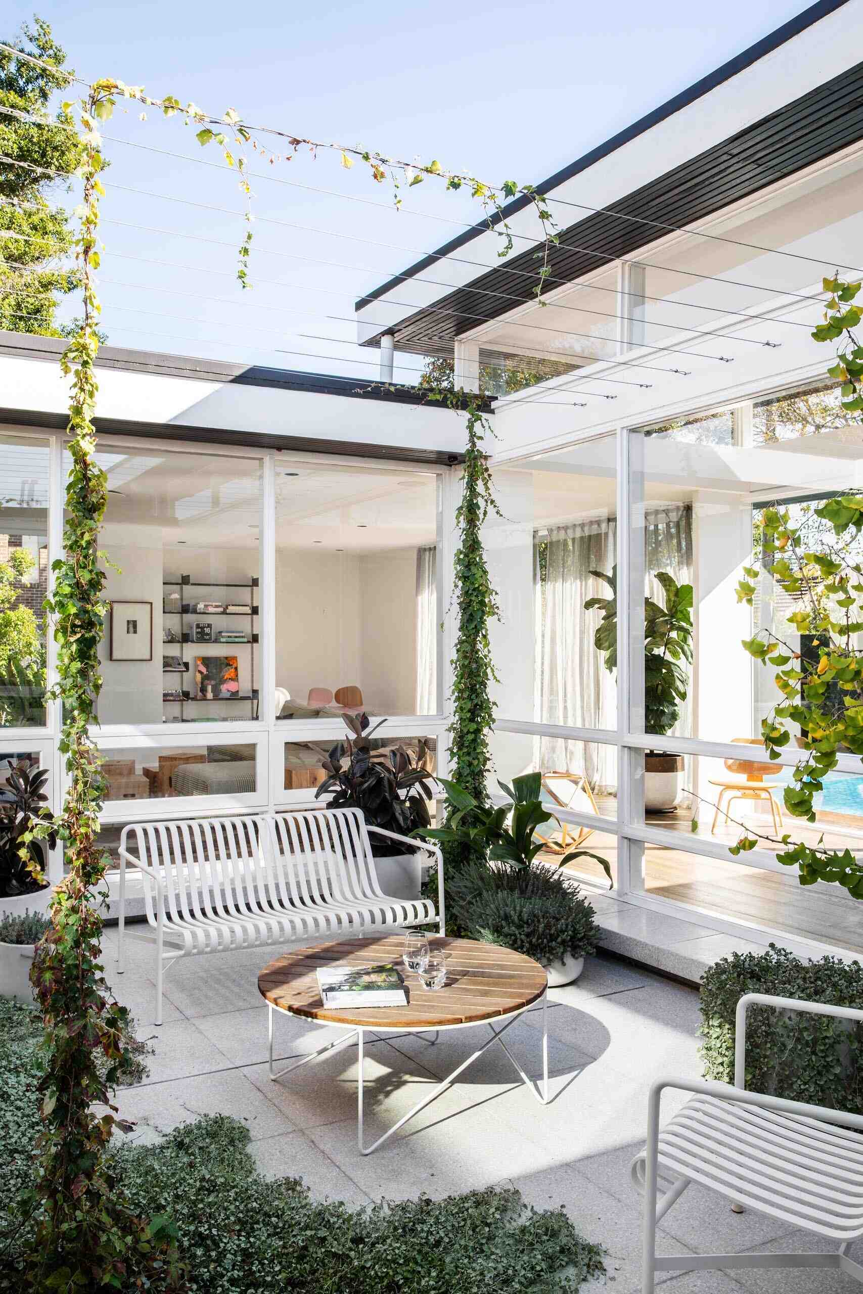 A bright courtyard sits at the center of this renovated mid-century home, surrounded by white walls, simple furniture, and planters that will eventually be shaded by vines.