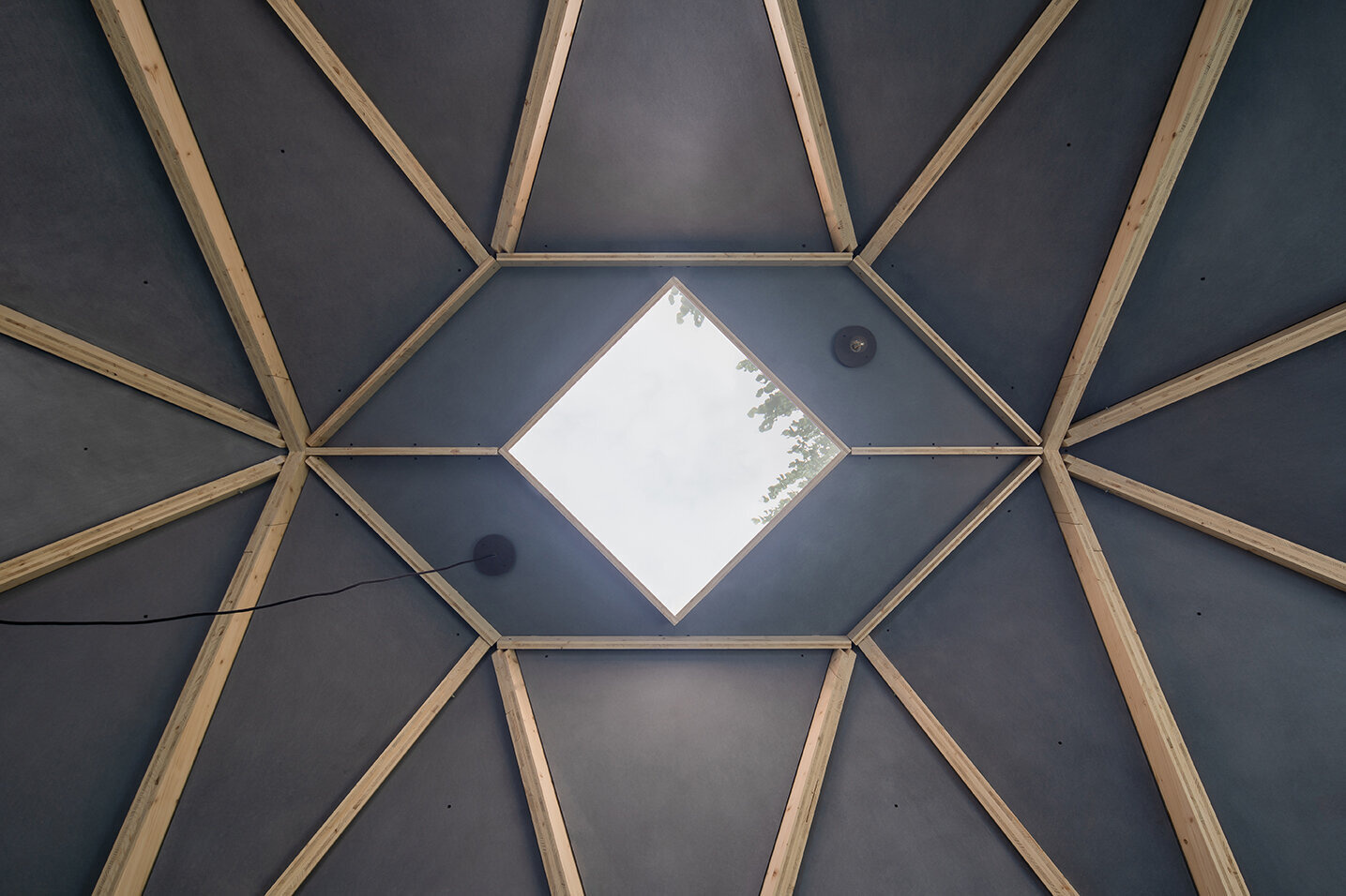 Inside this backyard studio, exposed timber framing converges at the ceiling, creating a sense of height, while angled walls, a built-in desk, and a fold-out bed make the space flexible for work, rest, or quiet contemplation.