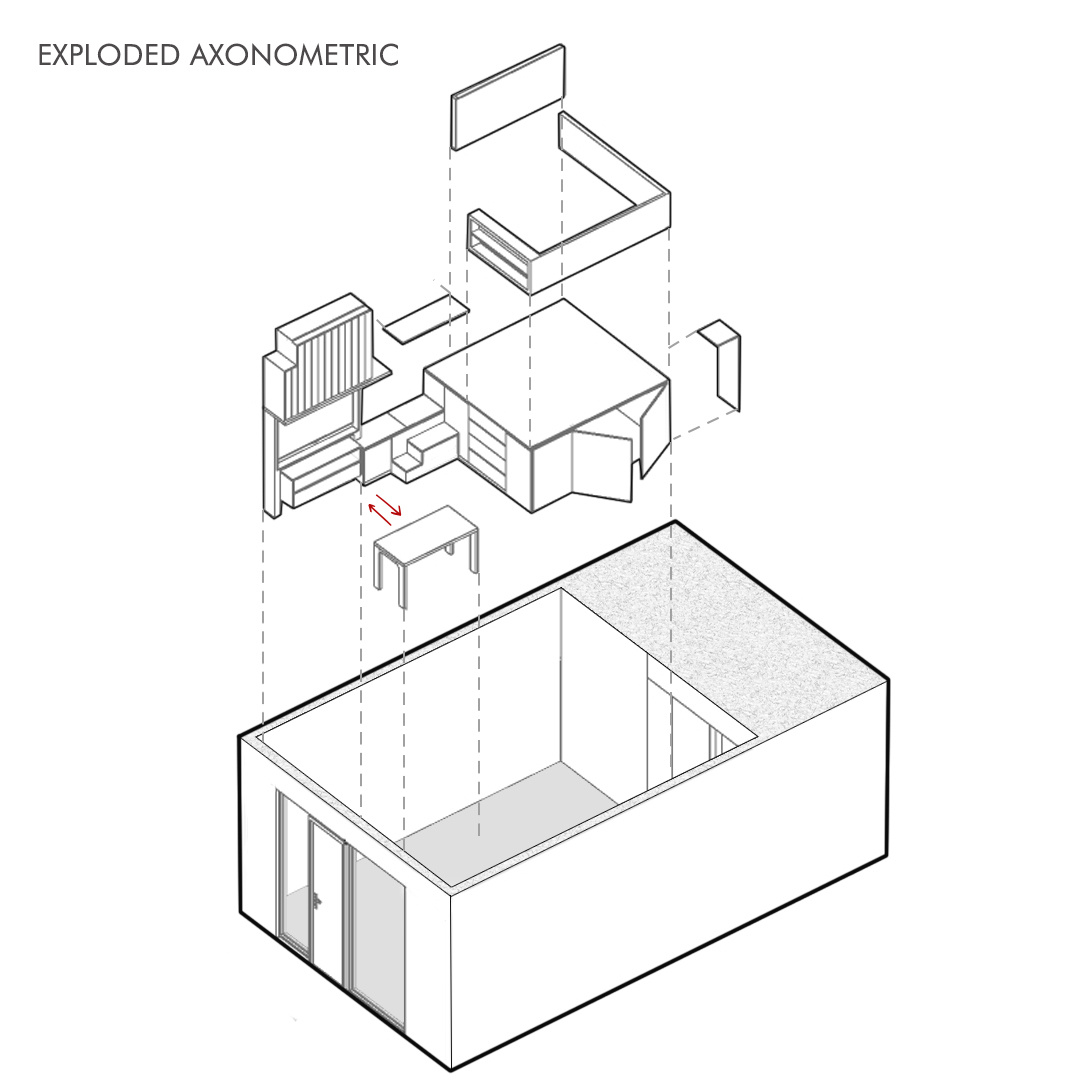 To understand how the layout of the apartment changed during the remodel, here’s the floor plan and exploded axonometric view.