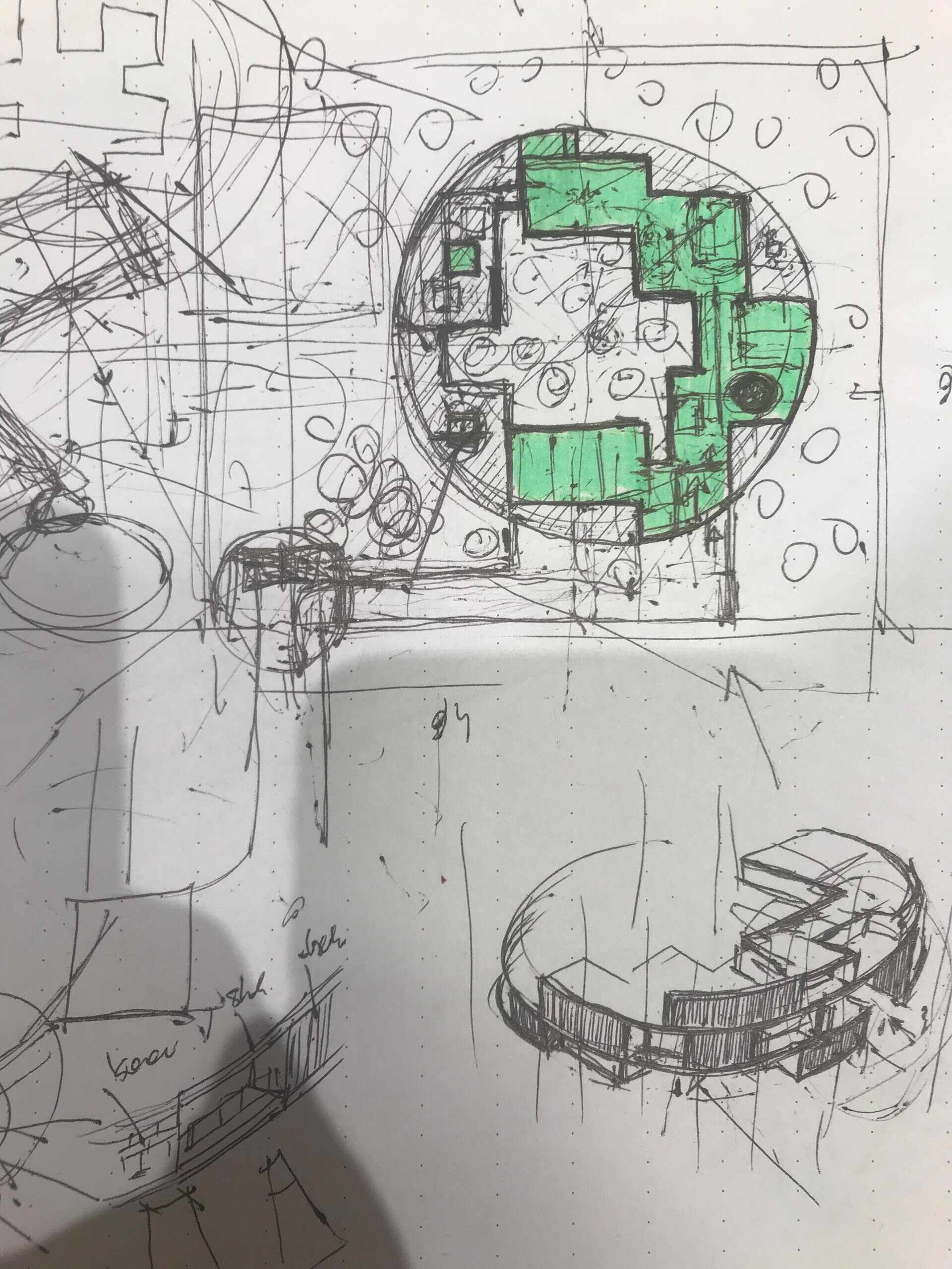 The architect’s sketches and floor plans reveal how the circular concept was developed. They show how each space fits within the overall form, from the central garden to the carved-out alcoves. The drawings make it clear that the geometry was not just aesthetic, but also key to how the home functions.