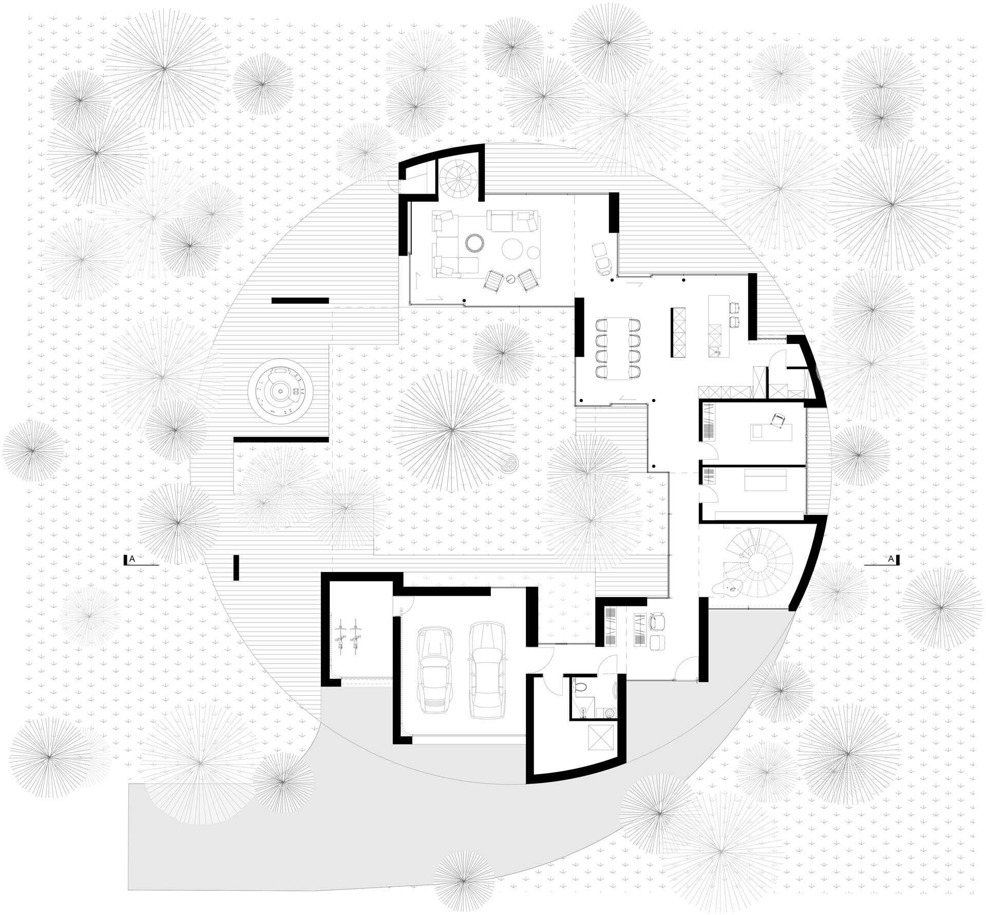 The architect’s sketches and floor plans reveal how the circular concept was developed. They show how each space fits within the overall form, from the central garden to the carved-out alcoves. The drawings make it clear that the geometry was not just aesthetic, but also key to how the home functions.