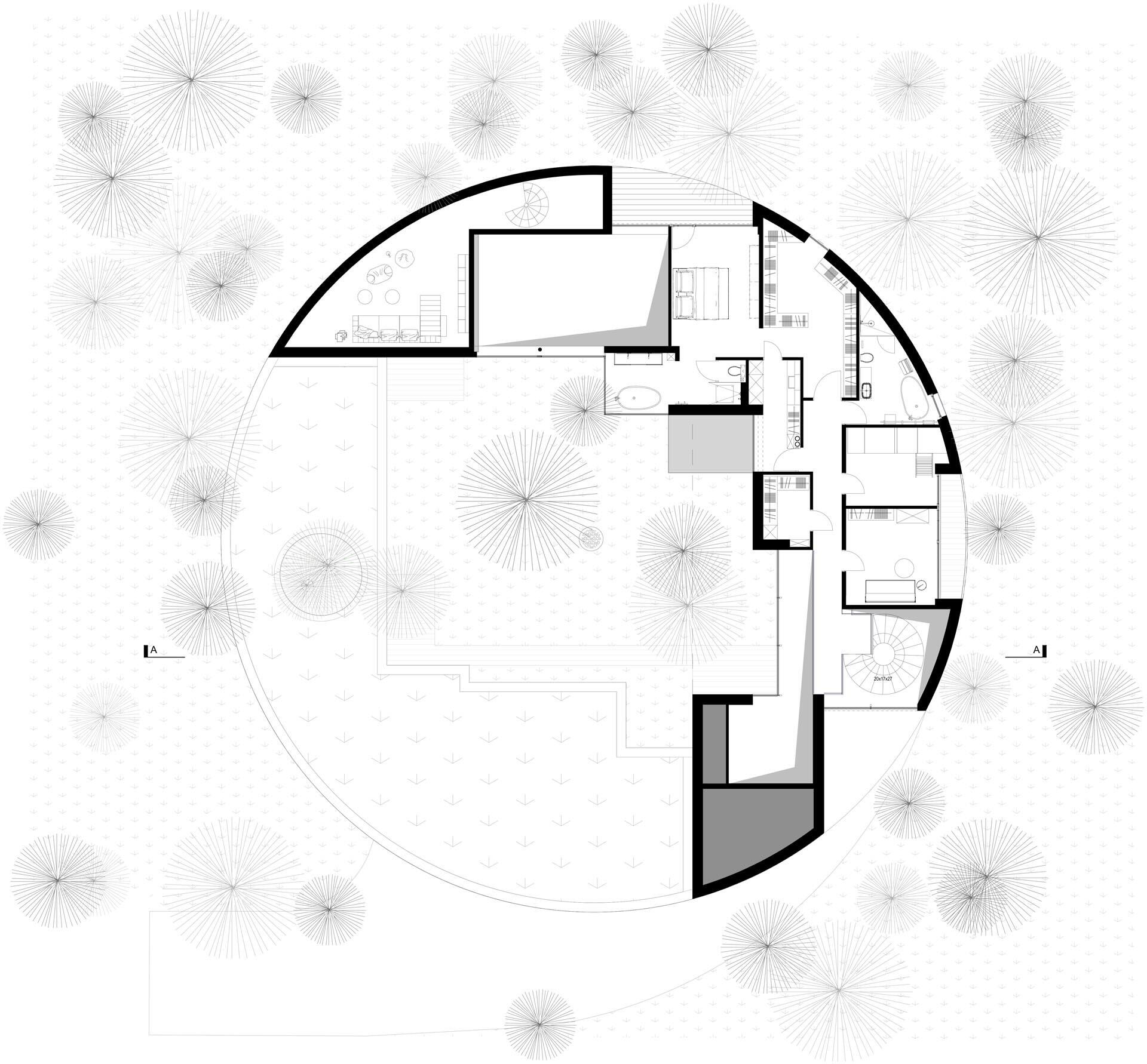 The architect’s sketches and floor plans reveal how the circular concept was developed. They show how each space fits within the overall form, from the central garden to the carved-out alcoves. The drawings make it clear that the geometry was not just aesthetic, but also key to how the home functions.