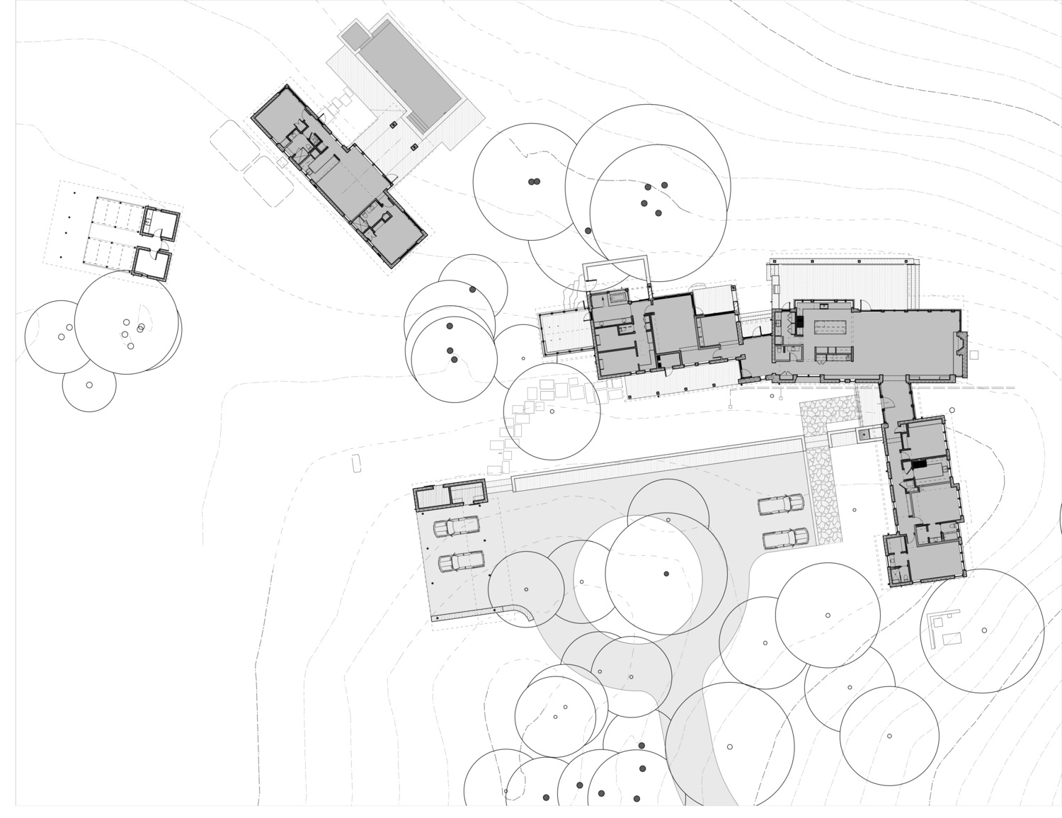 This architectural drawing reveals how multiple buildings are arranged across the ranch, balancing privacy, connection, and open space.