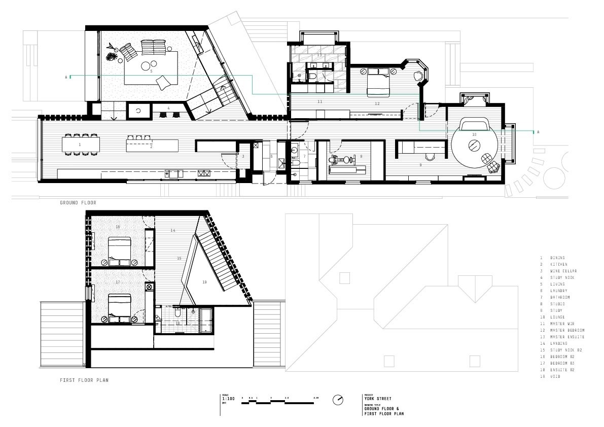 Architectural drawings reveal how a modern extension connects to a heritage home, showing the relationship between old and new.