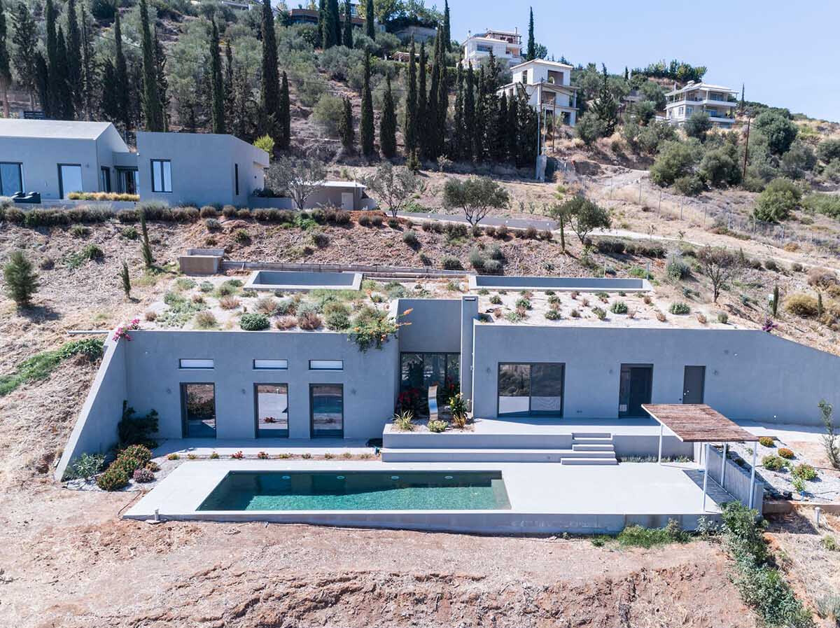 Planted roofs, olive trees, and layered terraces with pools create a seamless outdoor flow across this Greek hillside.