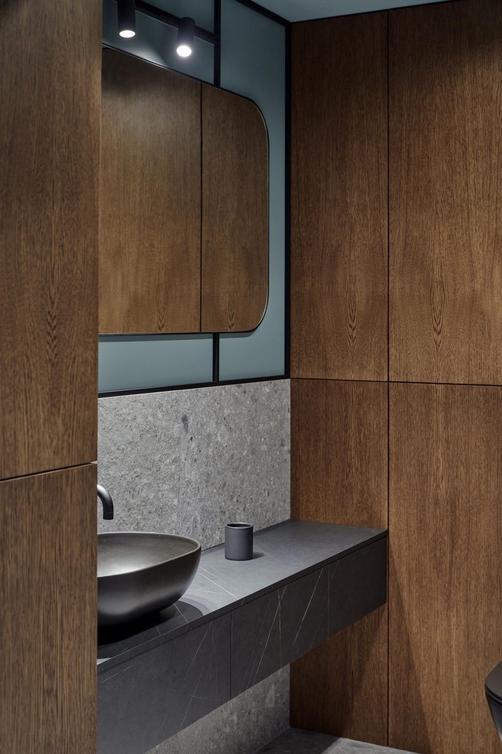 In this bathroom, dark wood walls meet black accents, alongside a walk-in shower and even a sauna.