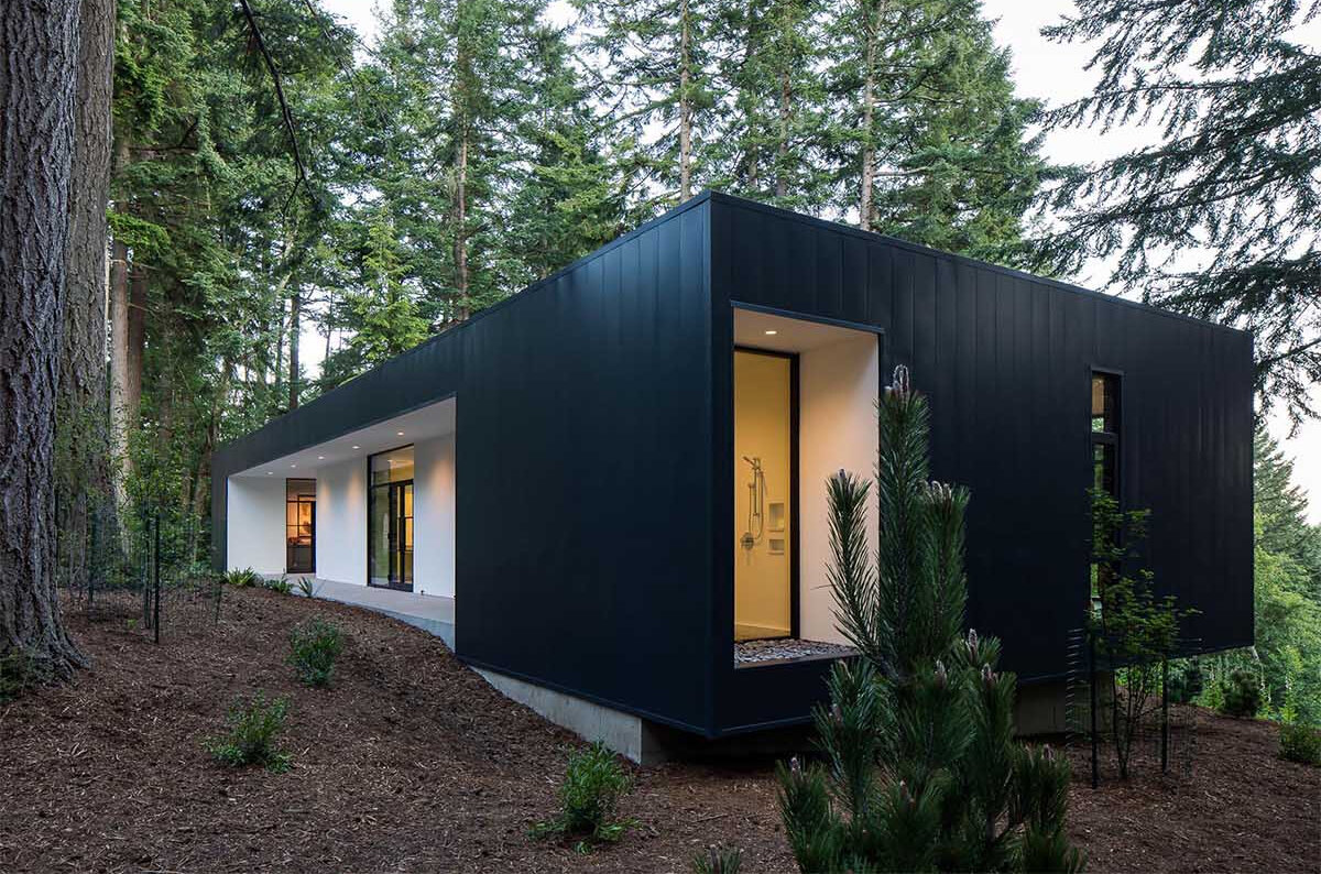 Black metal and white stucco create a striking modern exterior for this Orcas Island home, set against forest views.