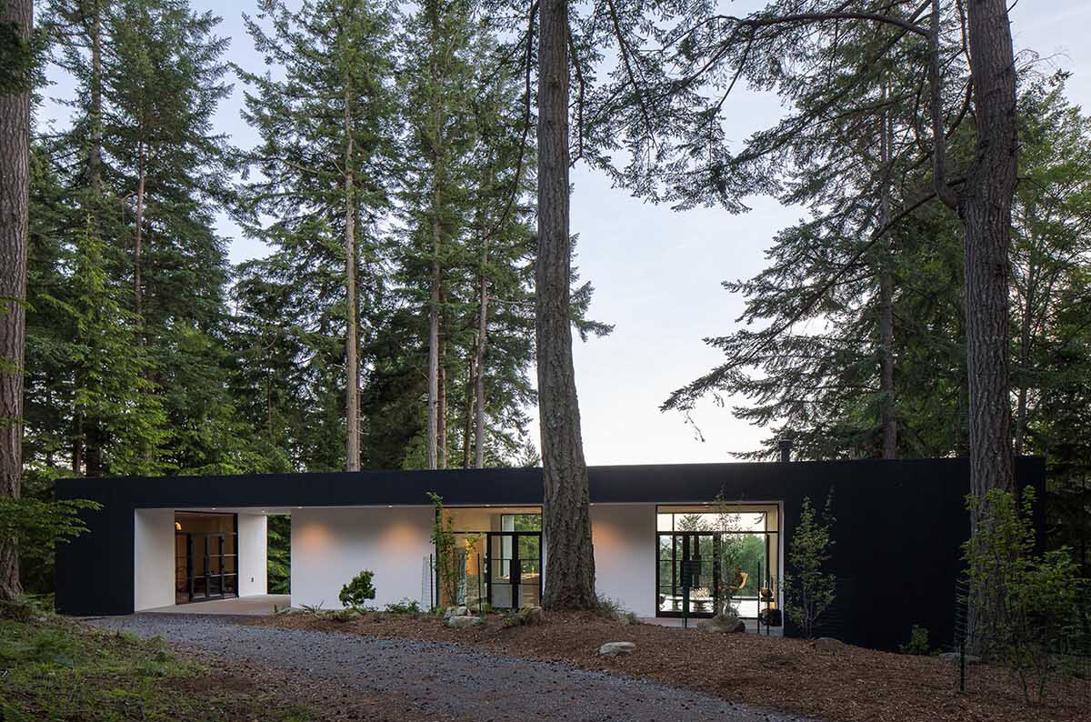 Black metal and white stucco create a striking modern exterior for this Orcas Island home, set against forest views.