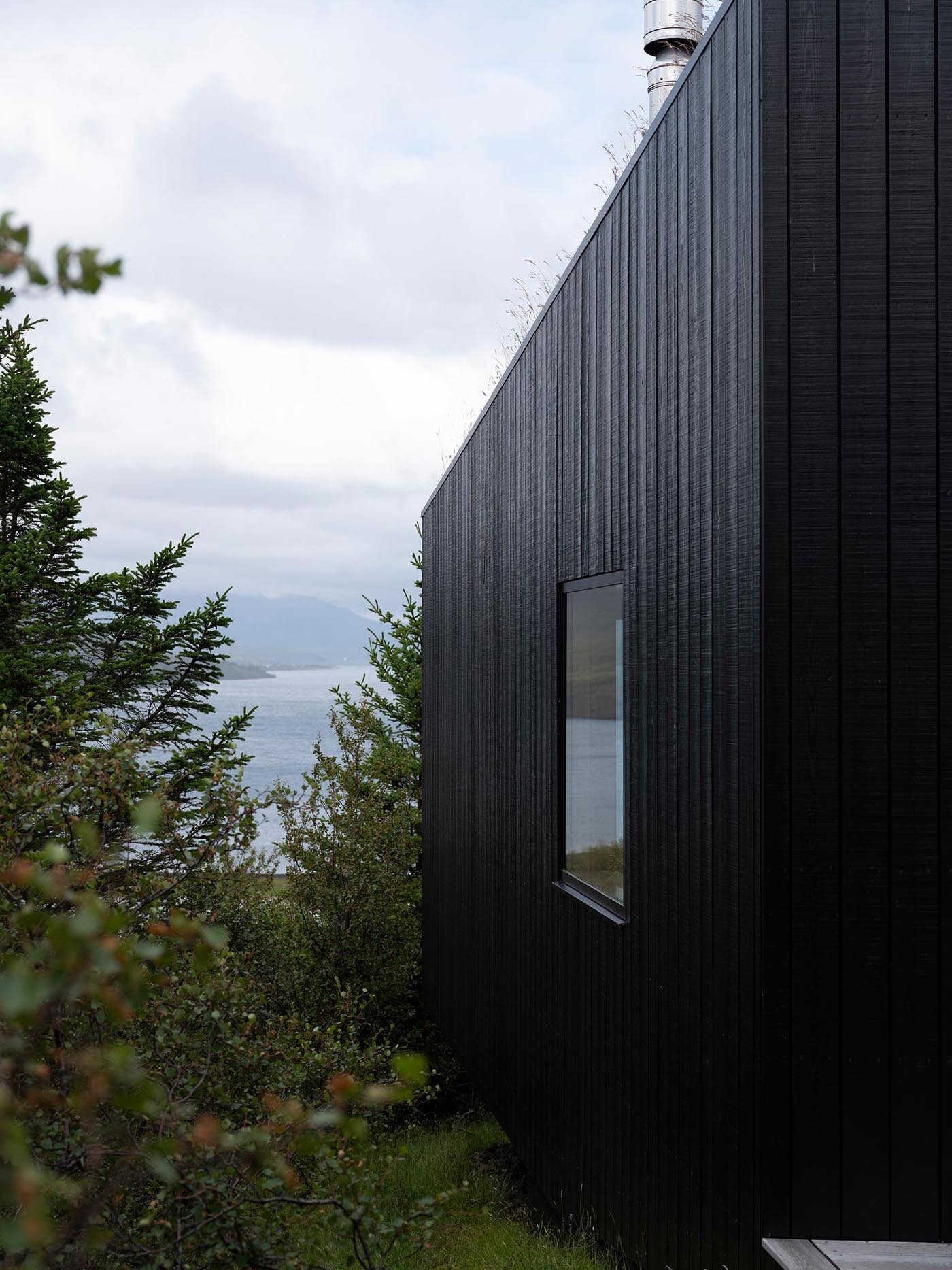 Blackened wood siding contrasts beautifully with the green roof and surrounding forest in this modern Iceland retreat.