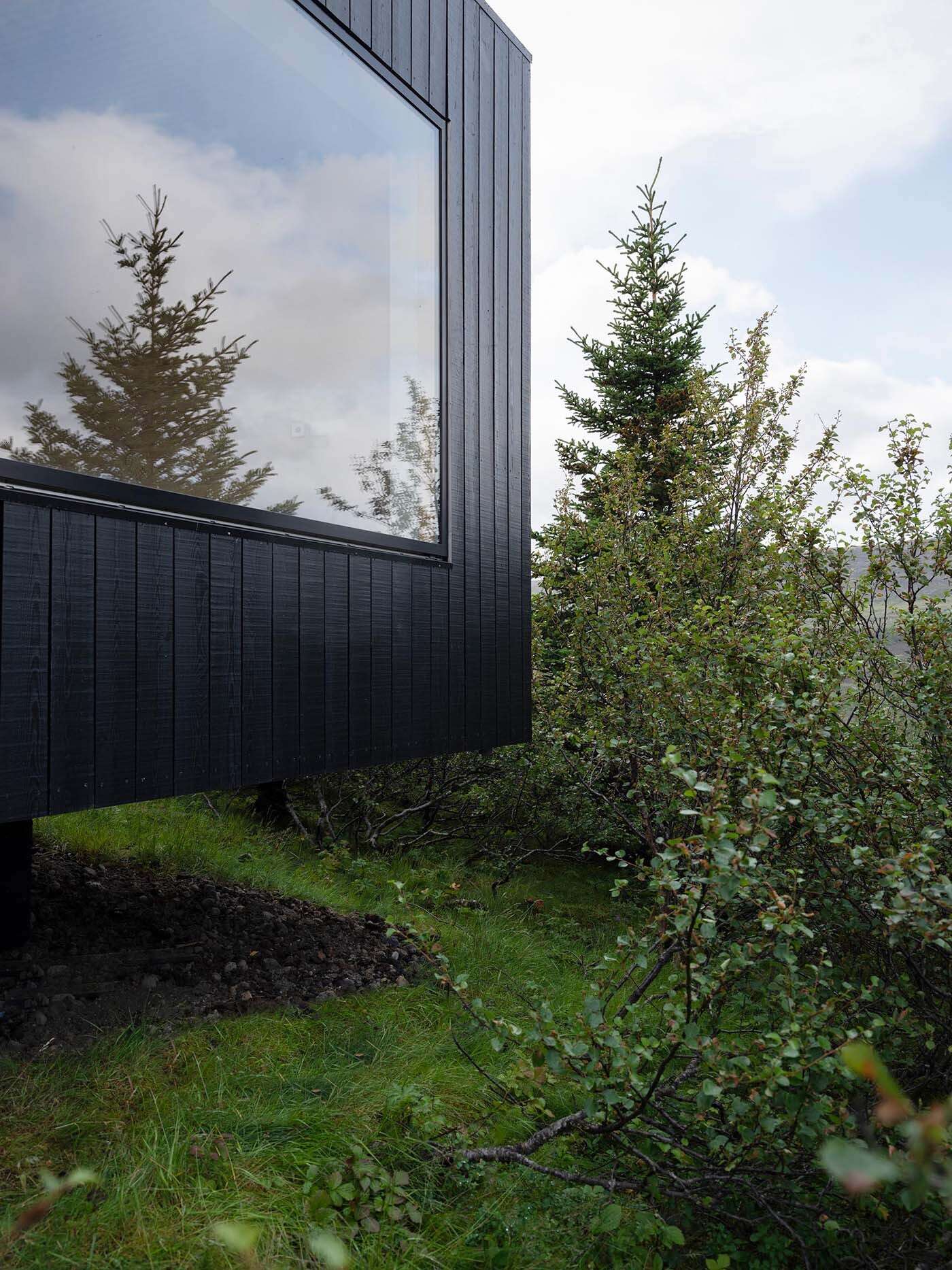Blackened wood siding contrasts beautifully with the green roof and surrounding forest in this modern Iceland retreat.