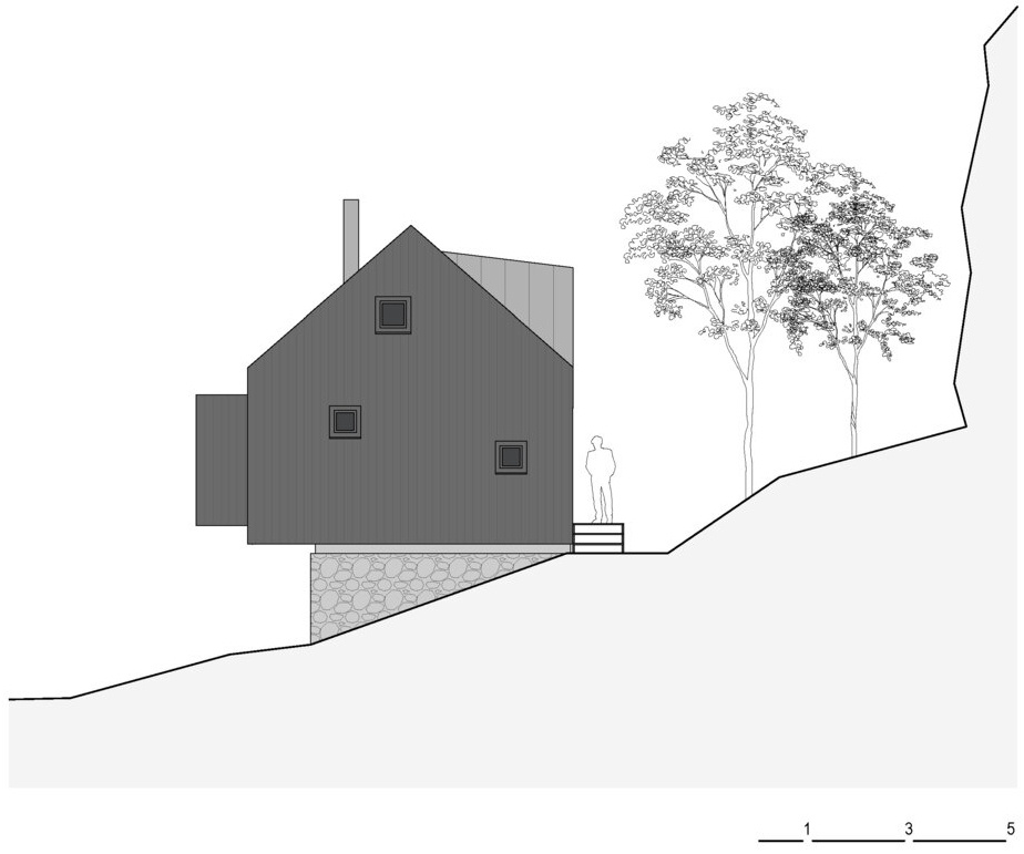Simple architectural drawings of this cabin reveal a clear layout focused on openness below and efficient sleeping areas above.