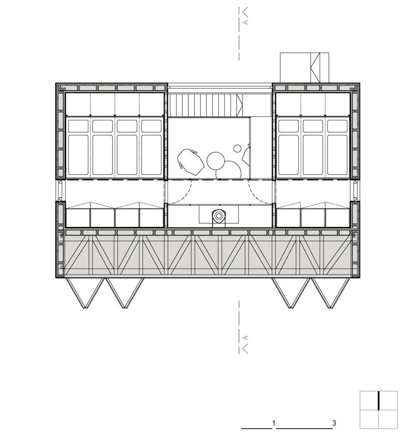 Simple architectural drawings of this cabin reveal a clear layout focused on openness below and efficient sleeping areas above.