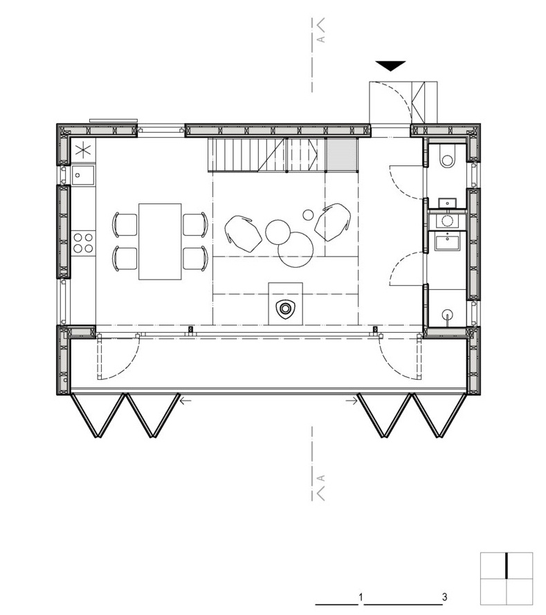 Simple architectural drawings of this cabin reveal a clear layout focused on openness below and efficient sleeping areas above.
