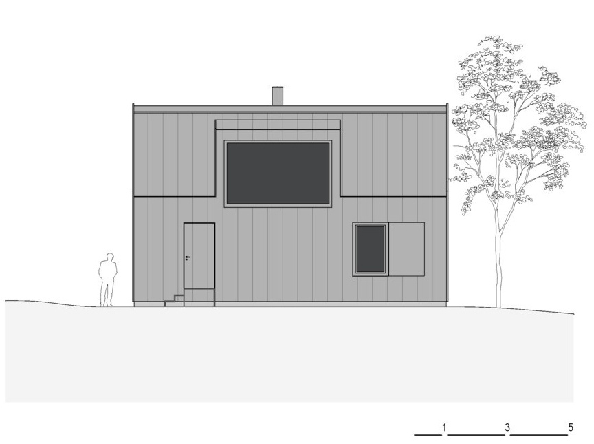Simple architectural drawings of this cabin reveal a clear layout focused on openness below and efficient sleeping areas above.