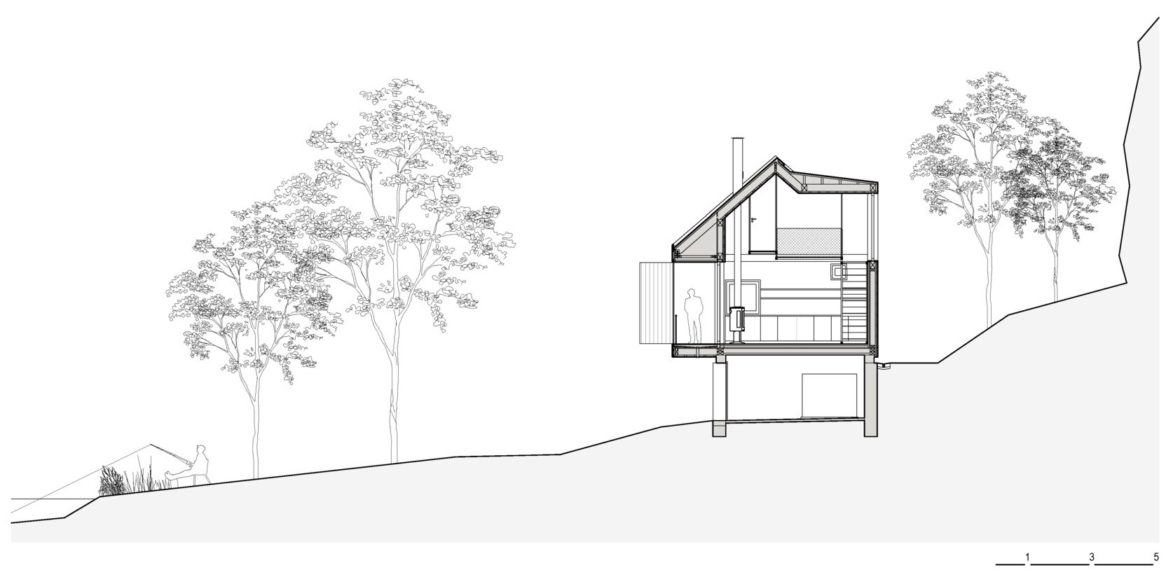 Simple architectural drawings of this cabin reveal a clear layout focused on openness below and efficient sleeping areas above.