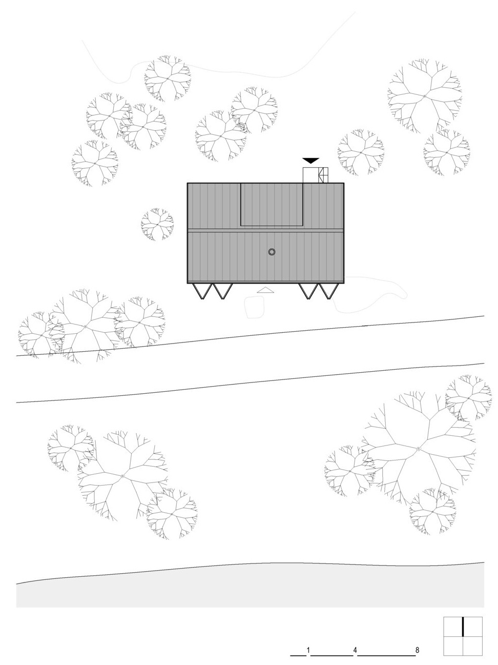 Simple architectural drawings of this cabin reveal a clear layout focused on openness below and efficient sleeping areas above.