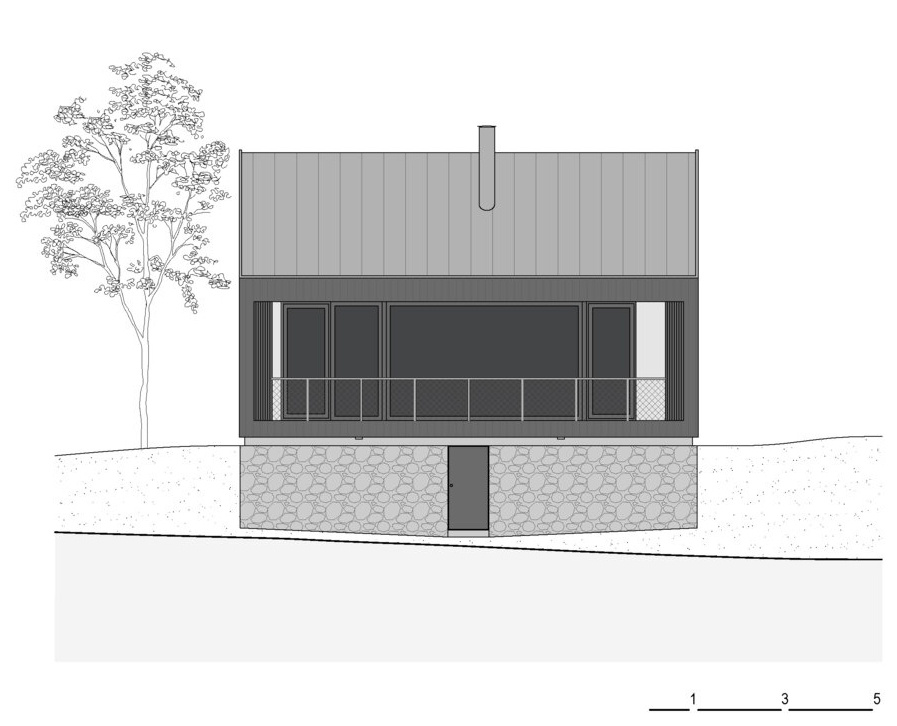 Simple architectural drawings of this cabin reveal a clear layout focused on openness below and efficient sleeping areas above.