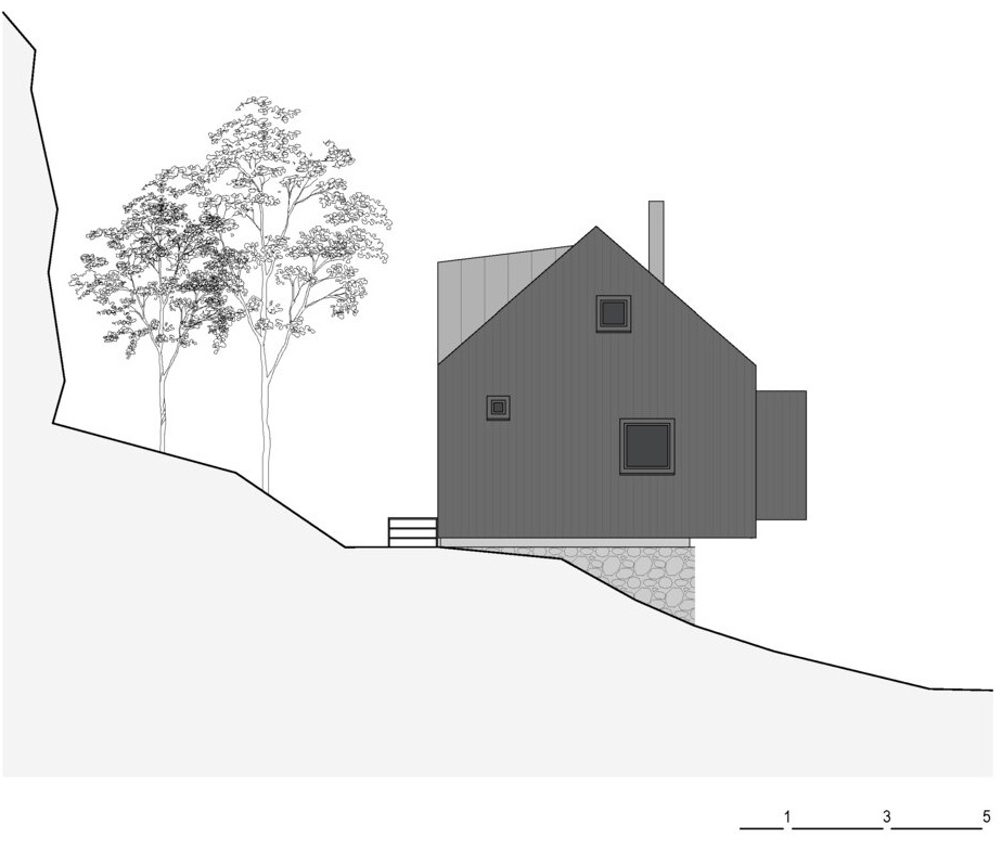 Simple architectural drawings of this cabin reveal a clear layout focused on openness below and efficient sleeping areas above.