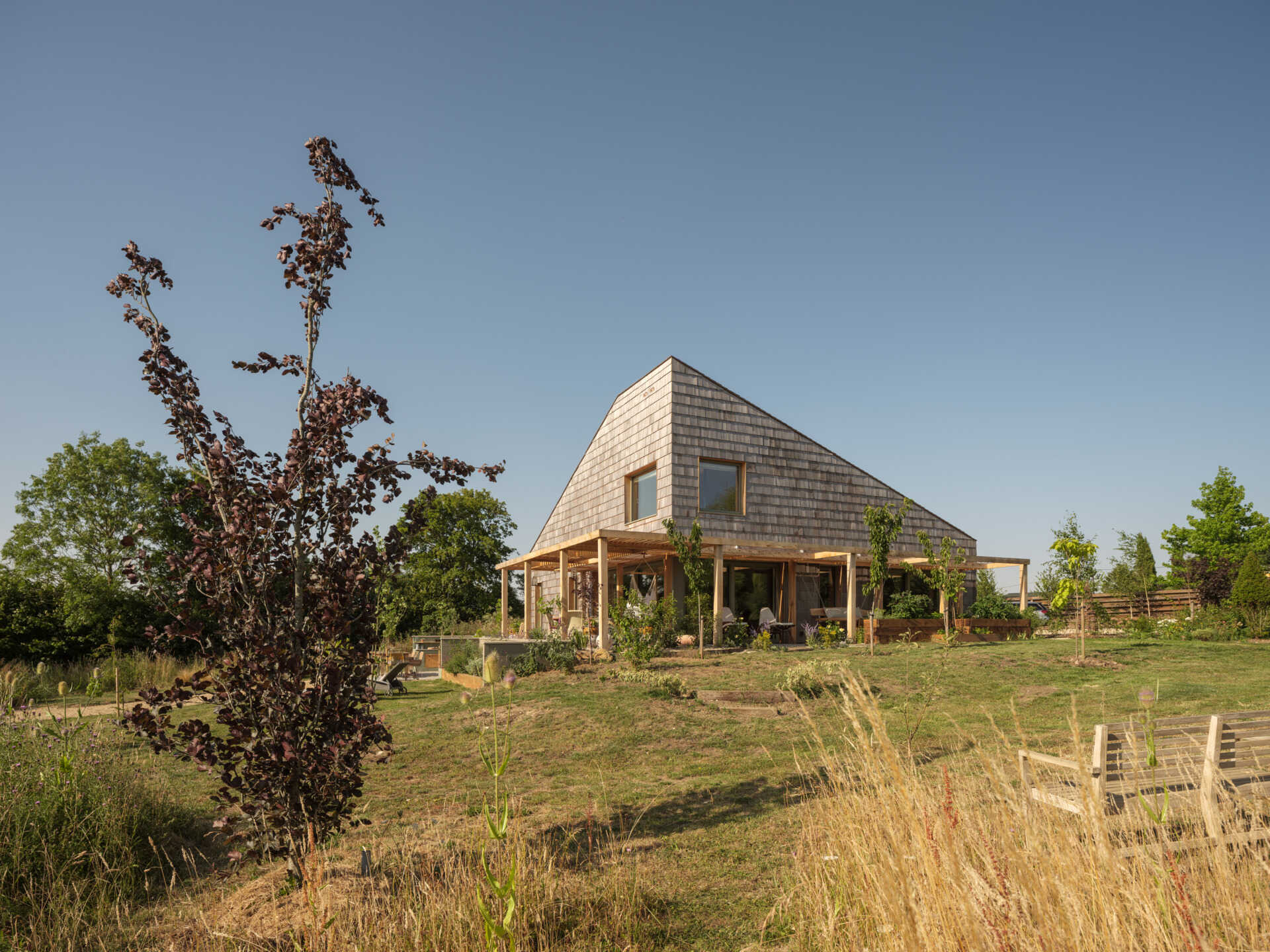 Western red cedar shingles wrap this wedge house, creating a warm exterior that will age beautifully over time.