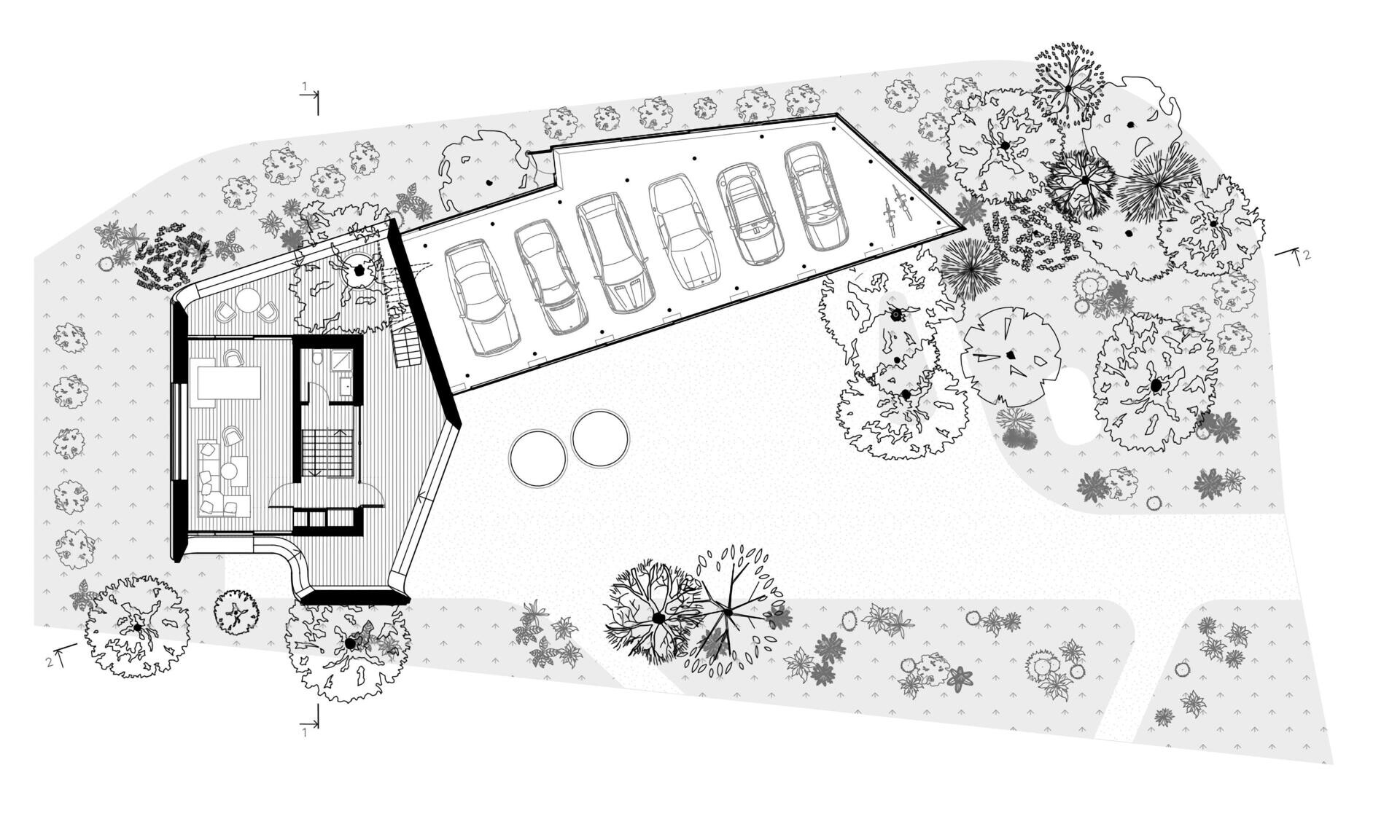 A modern garage by ATRIUM expands a private estate, turning car storage into a striking architectural feature in a forest setting.