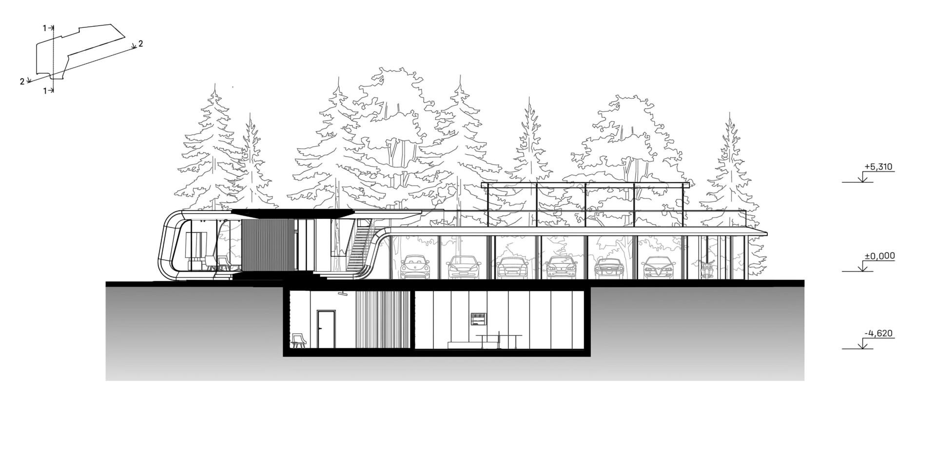 A modern garage by ATRIUM expands a private estate, turning car storage into a striking architectural feature in a forest setting.