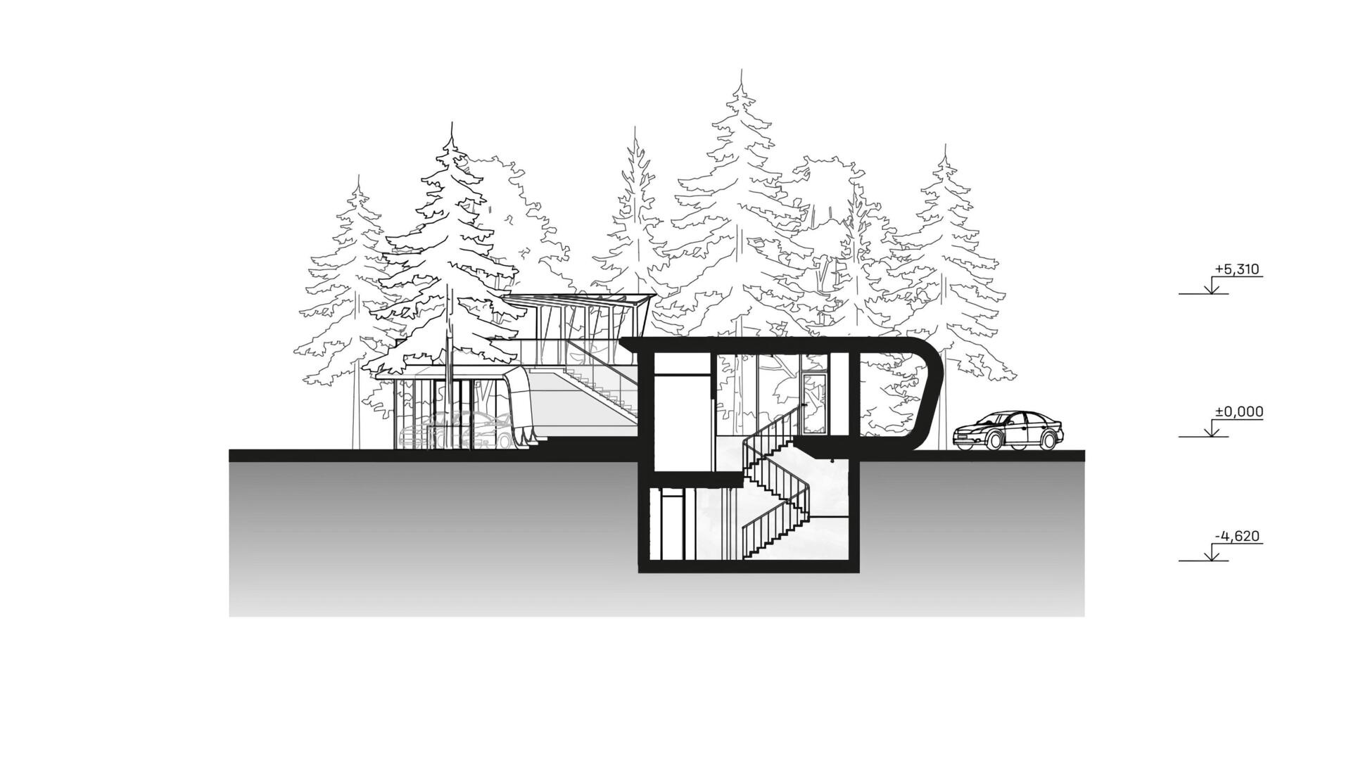 A modern garage by ATRIUM expands a private estate, turning car storage into a striking architectural feature in a forest setting.