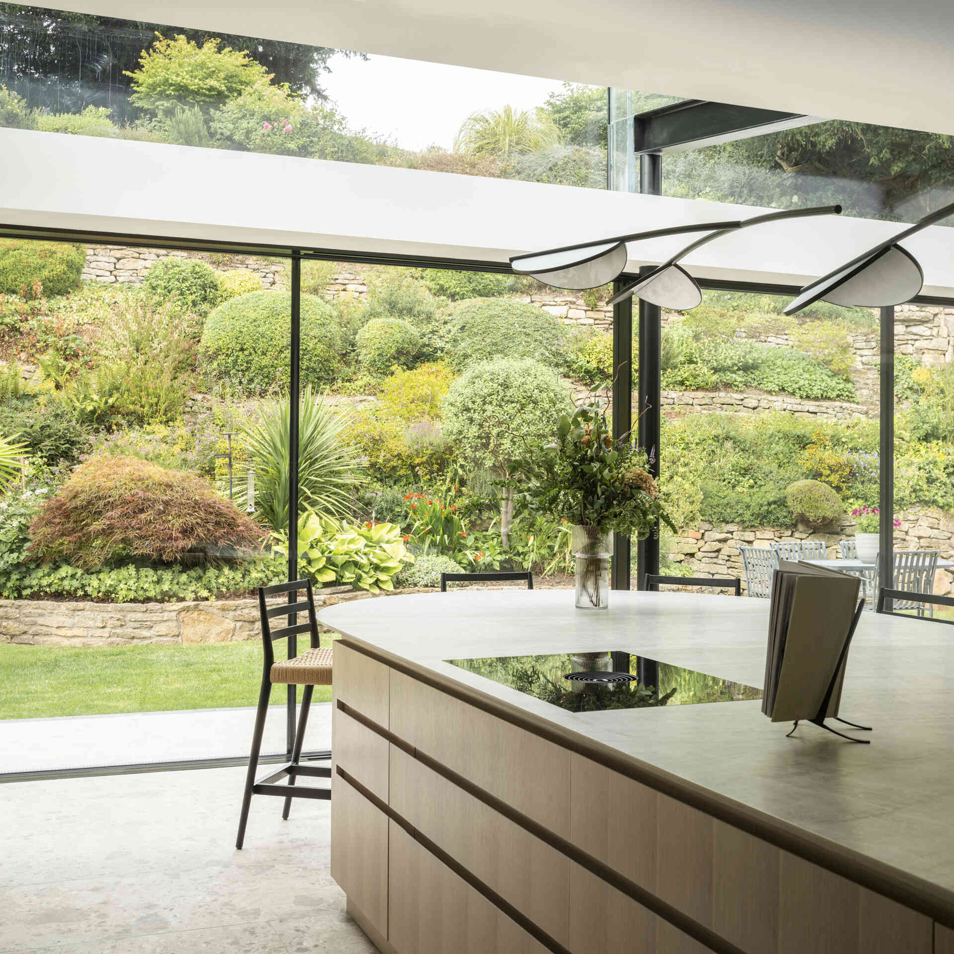 A modern kitchen with an island.
