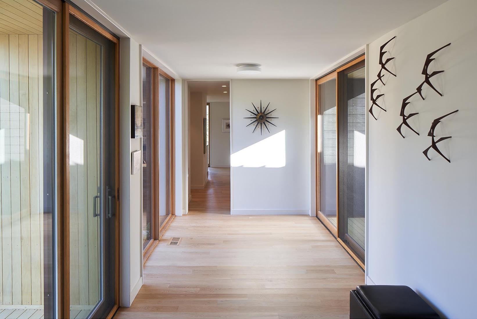 Floor-to-ceiling windows turn simple hallways into bright spaces filled with views of the surrounding trees.